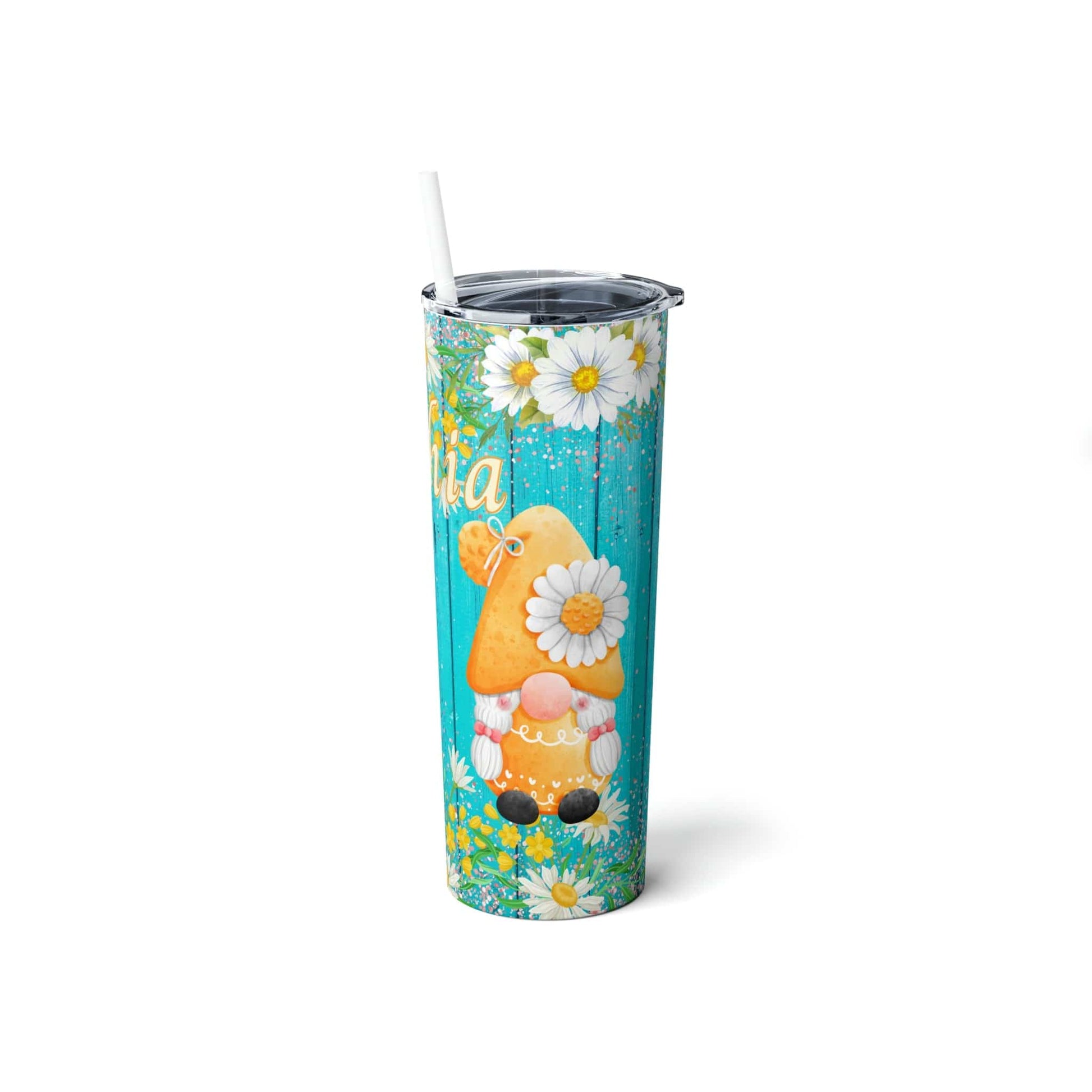 Gnome Daisy Flowers Skinny Steel Tumbler with Straw, 20oz