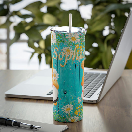 Gnome Daisy Flowers Skinny Steel Tumbler with Straw, 20oz