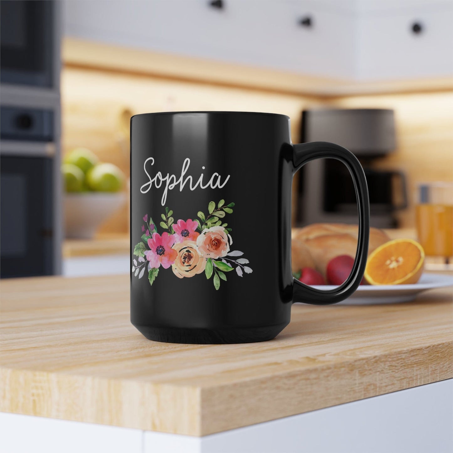 Personalized Name Floral Black Coffee Cup - Mug