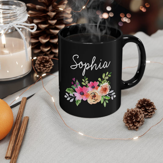 Personalized Name Floral Black Coffee Cup - Mug