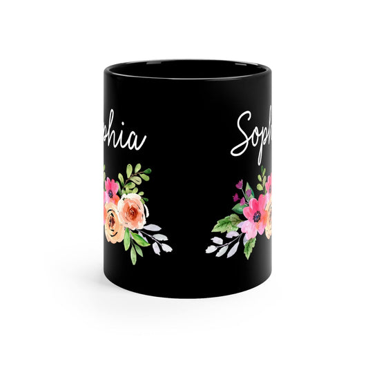 Personalized Name Floral Black Coffee Cup - Mug