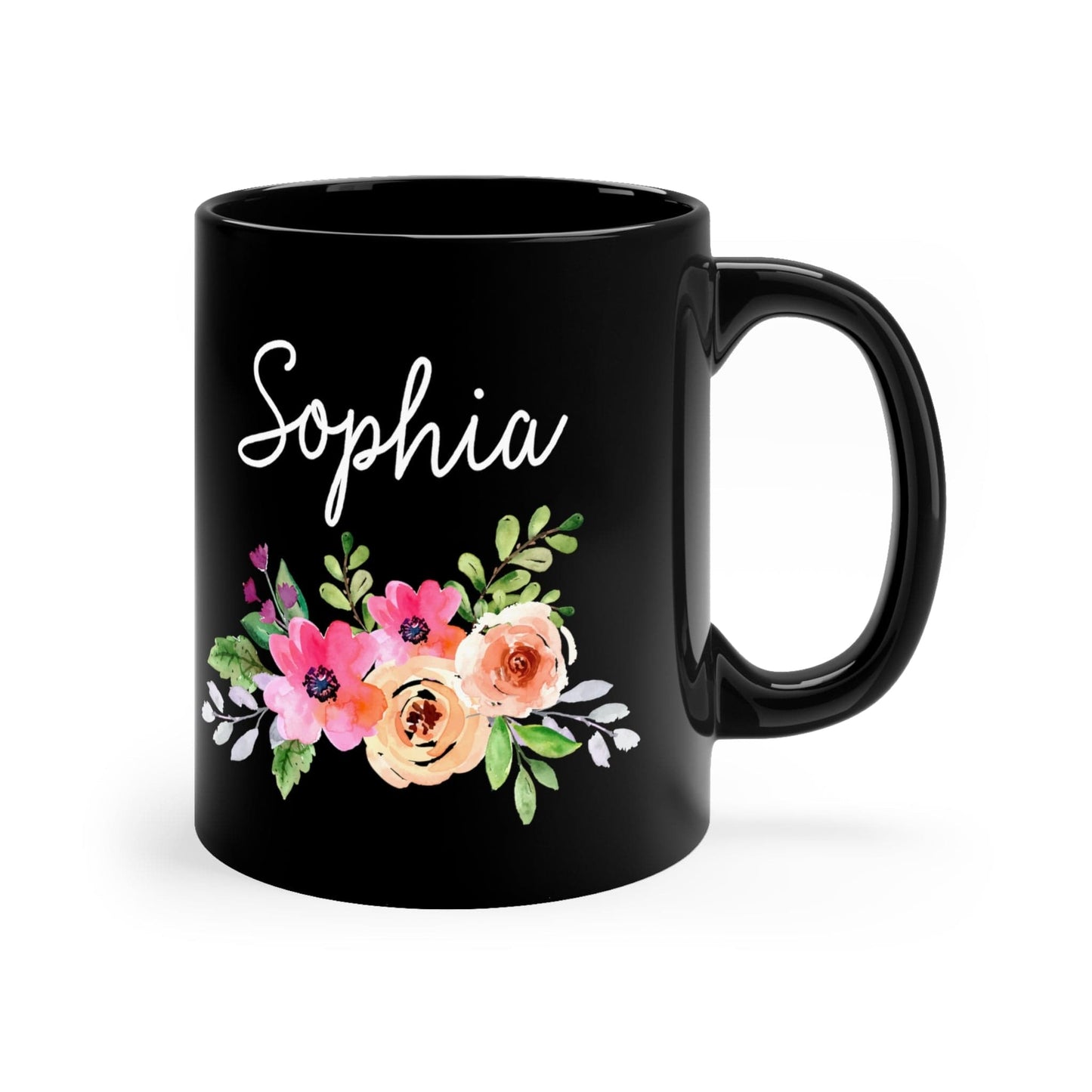 Personalized Name Floral Black Coffee Cup - Mug