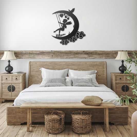 Fairy swinging on the moon Metal Wall Art