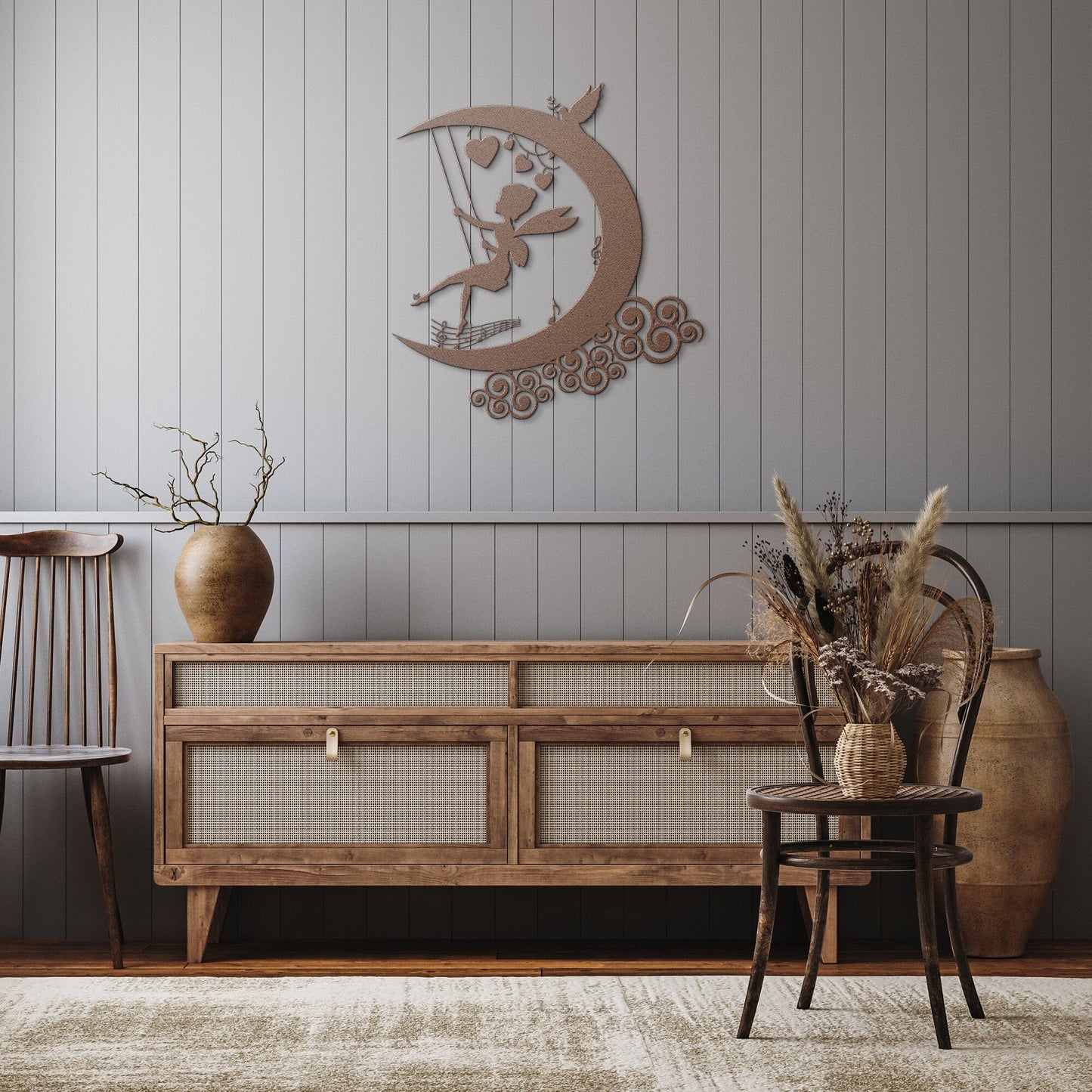 Fairy swinging on the moon Metal Wall Art