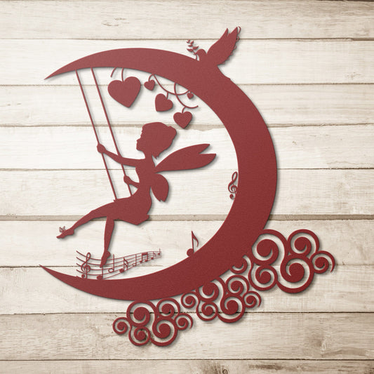 Fairy swinging on the moon Metal Wall Art