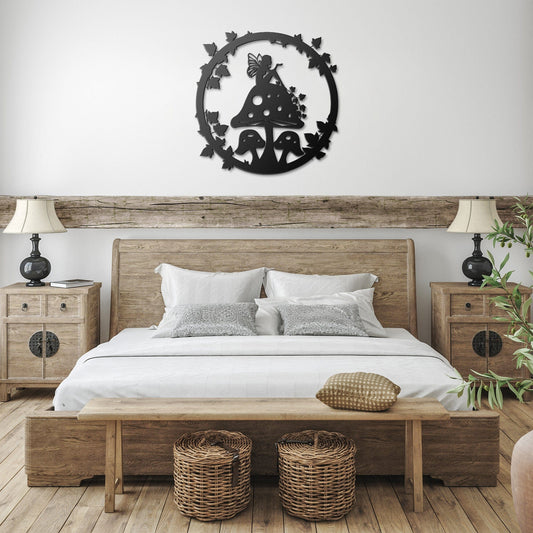 Garden Fairy Sitting on Mushroom Metal Wall Art
