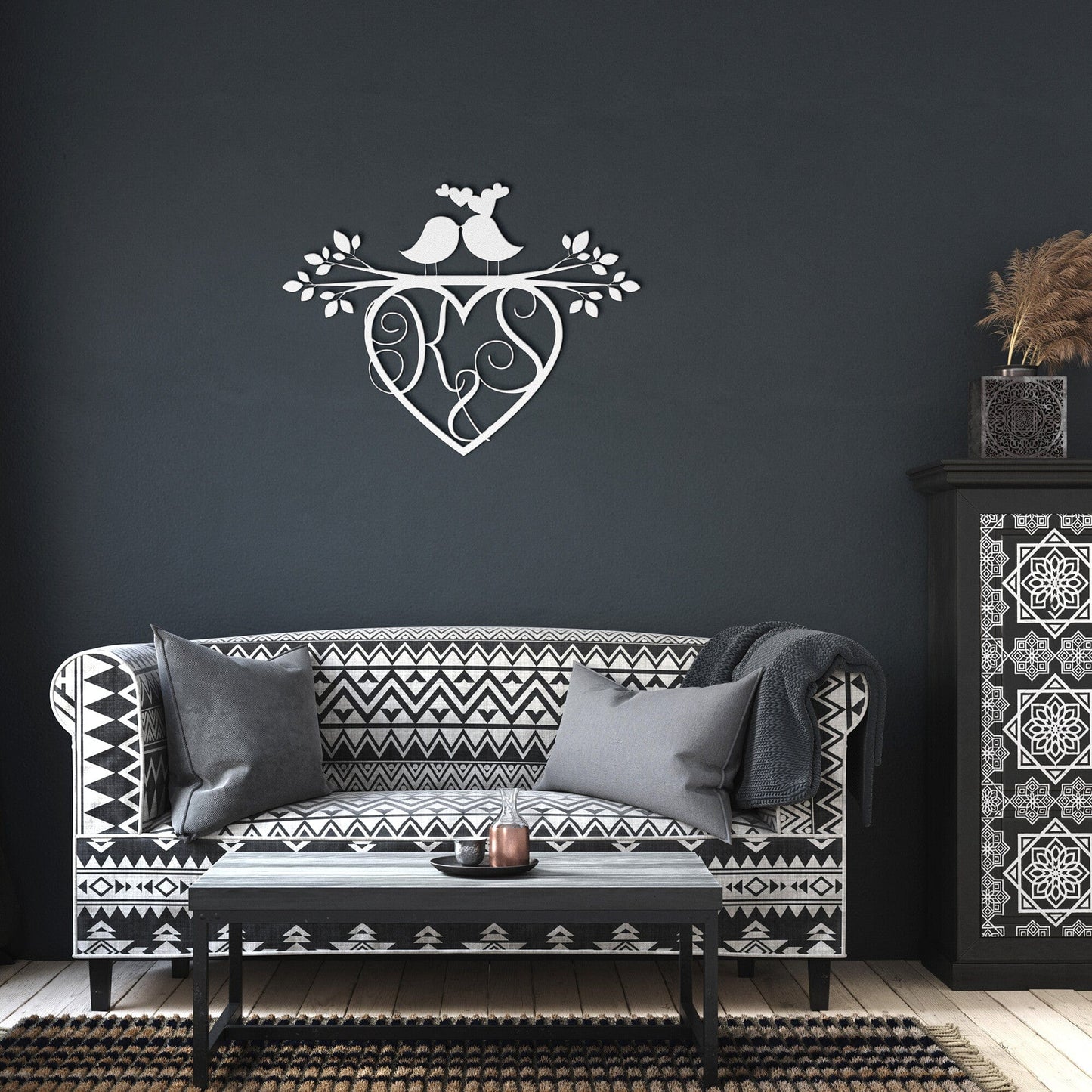 Monogrammed Heart loving Birds