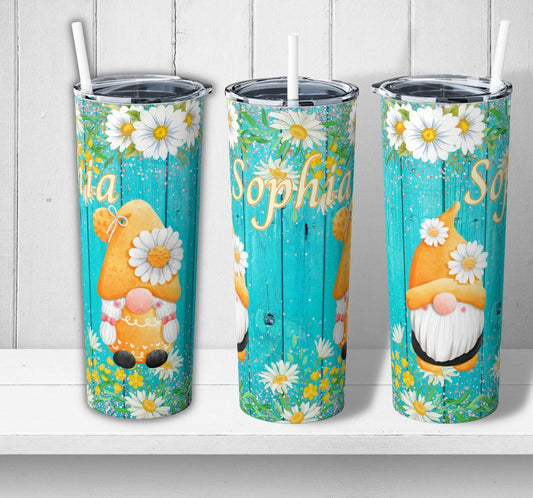 Gnome Daisy Flowers Skinny Steel Tumbler with Straw, 20oz