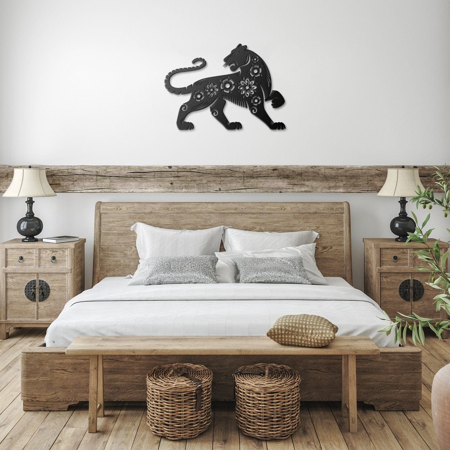 Tiger with Floral Design Metal Wall Art