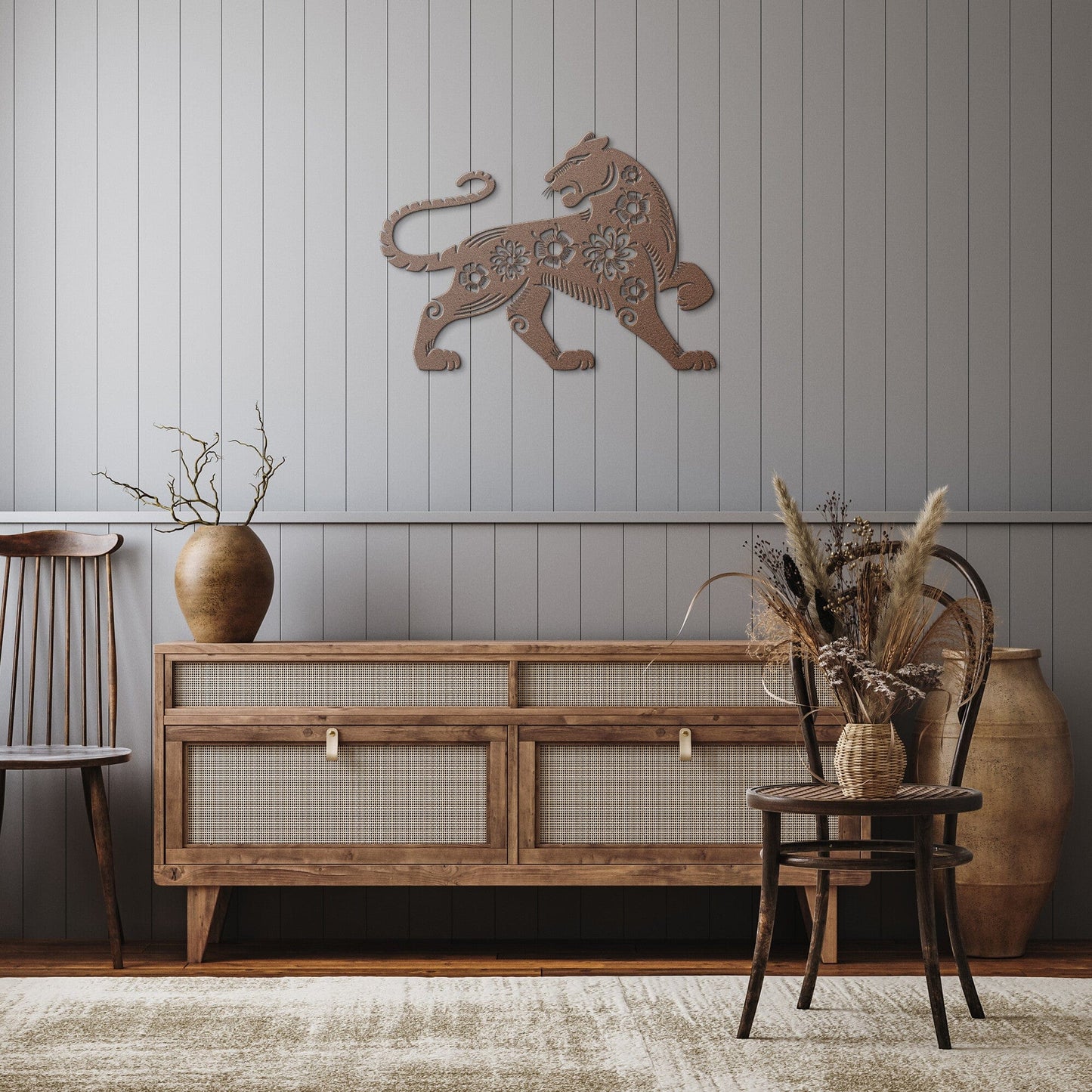 Tiger with Floral Design Metal Wall Art
