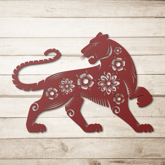 Tiger with Floral Design Metal Wall Art