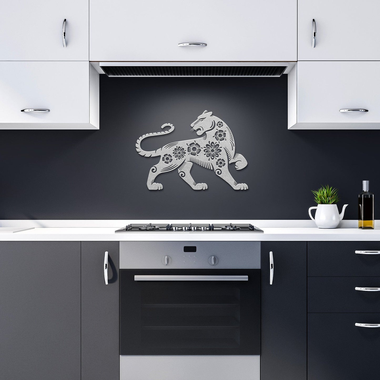 Tiger with Floral Design Metal Wall Art