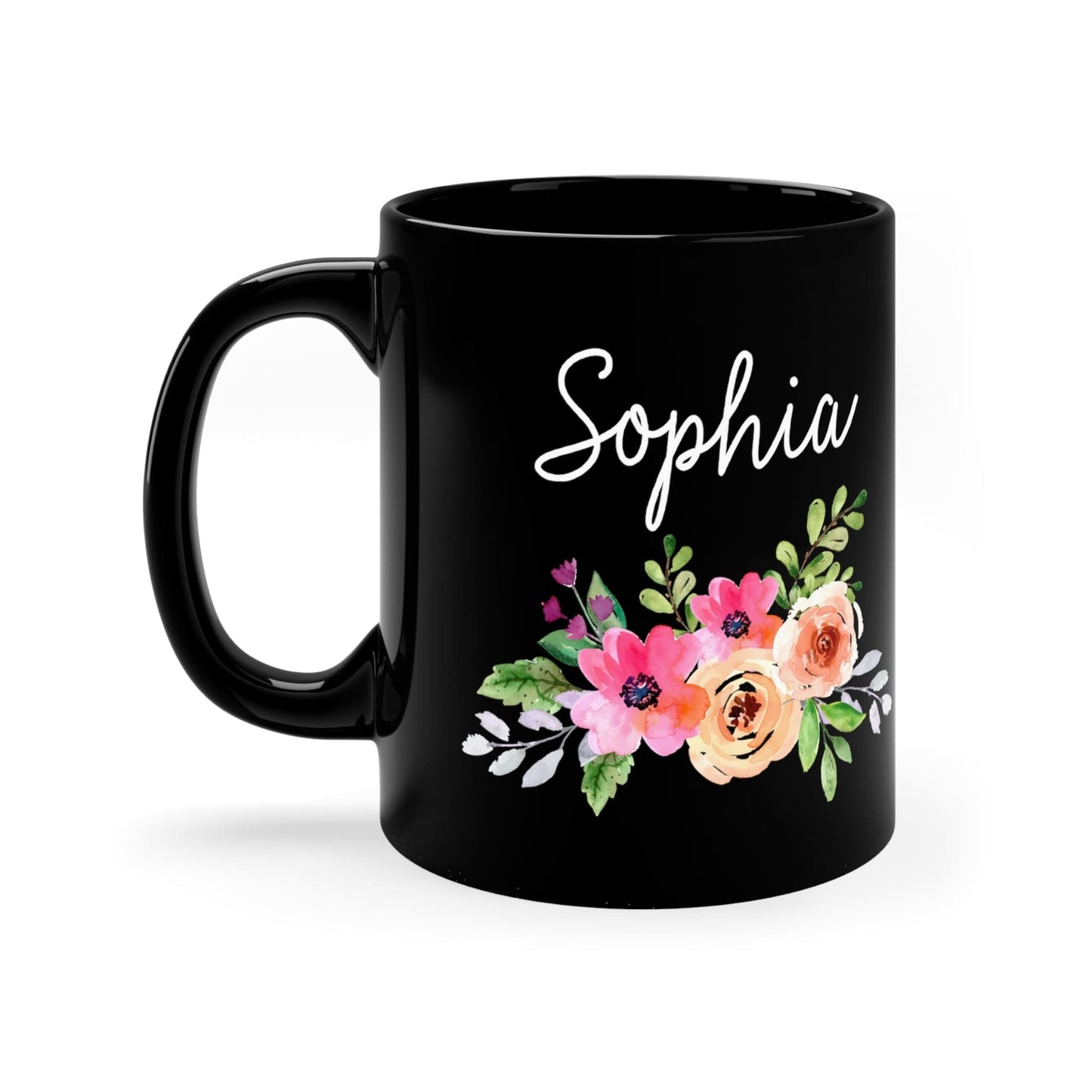 Personalized Name Floral Black Coffee Cup - Mug