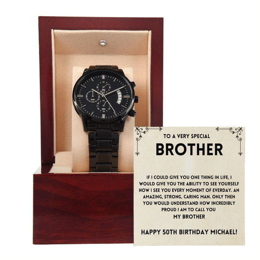 Personalized 50th Birthday Gift for Brother - Black Chronograph Watch