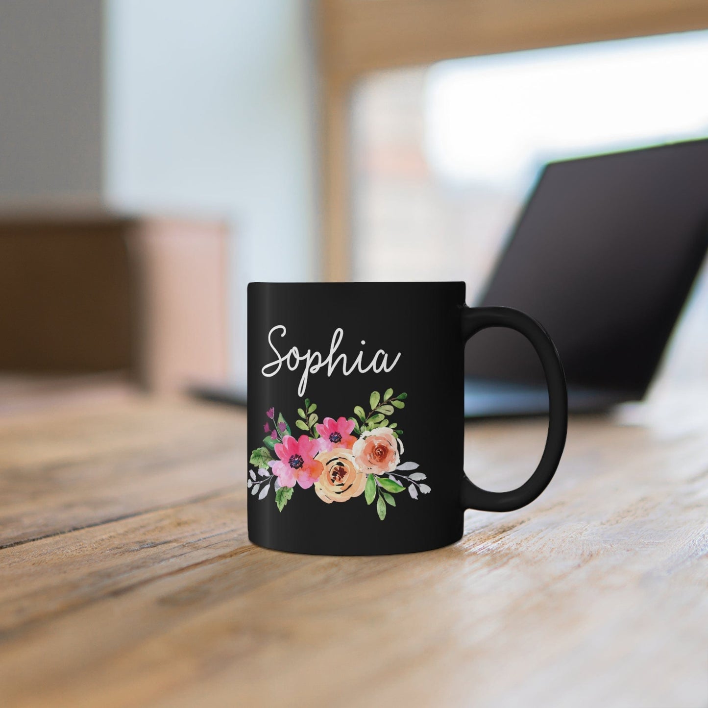 Personalized Name Floral Black Coffee Cup - Mug