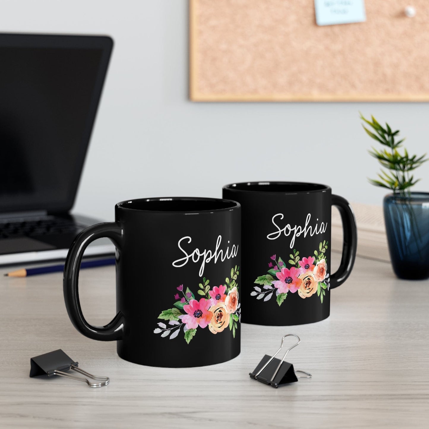 Personalized Name Floral Black Coffee Cup - Mug