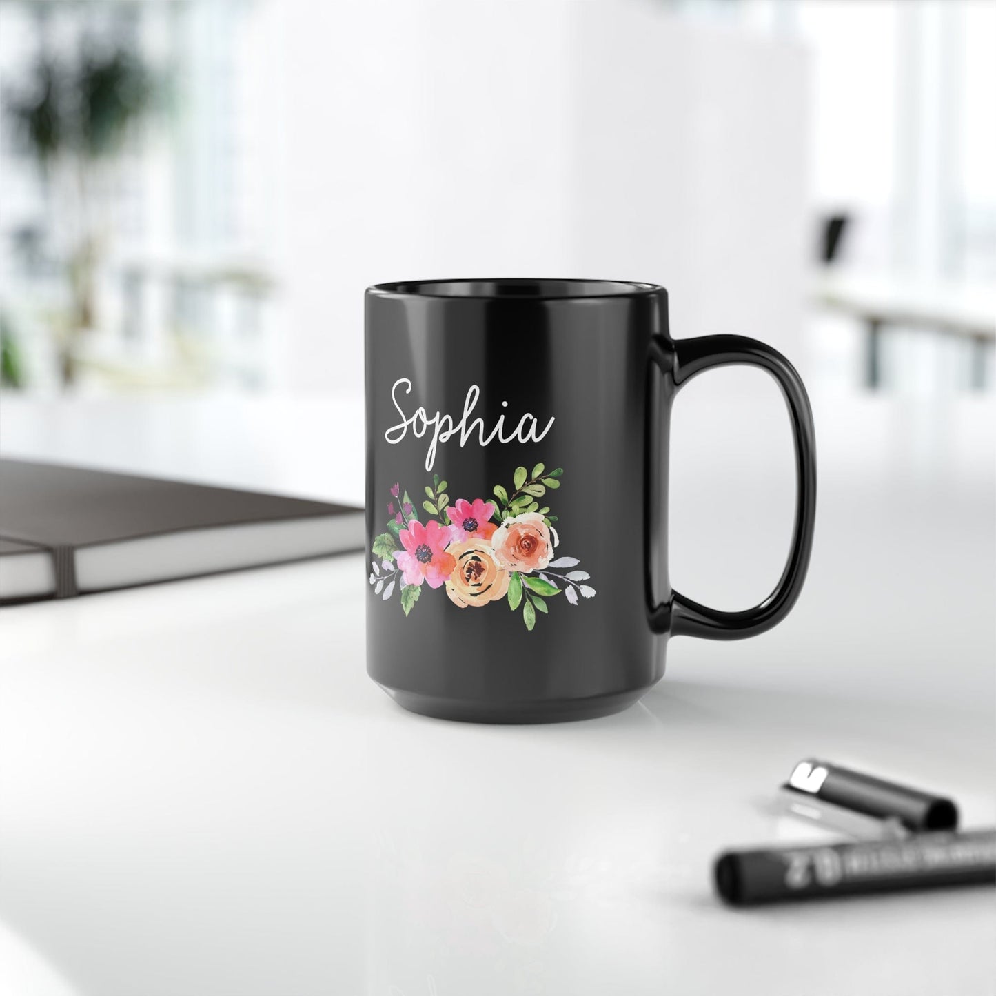 Personalized Name Floral Black Coffee Cup - Mug
