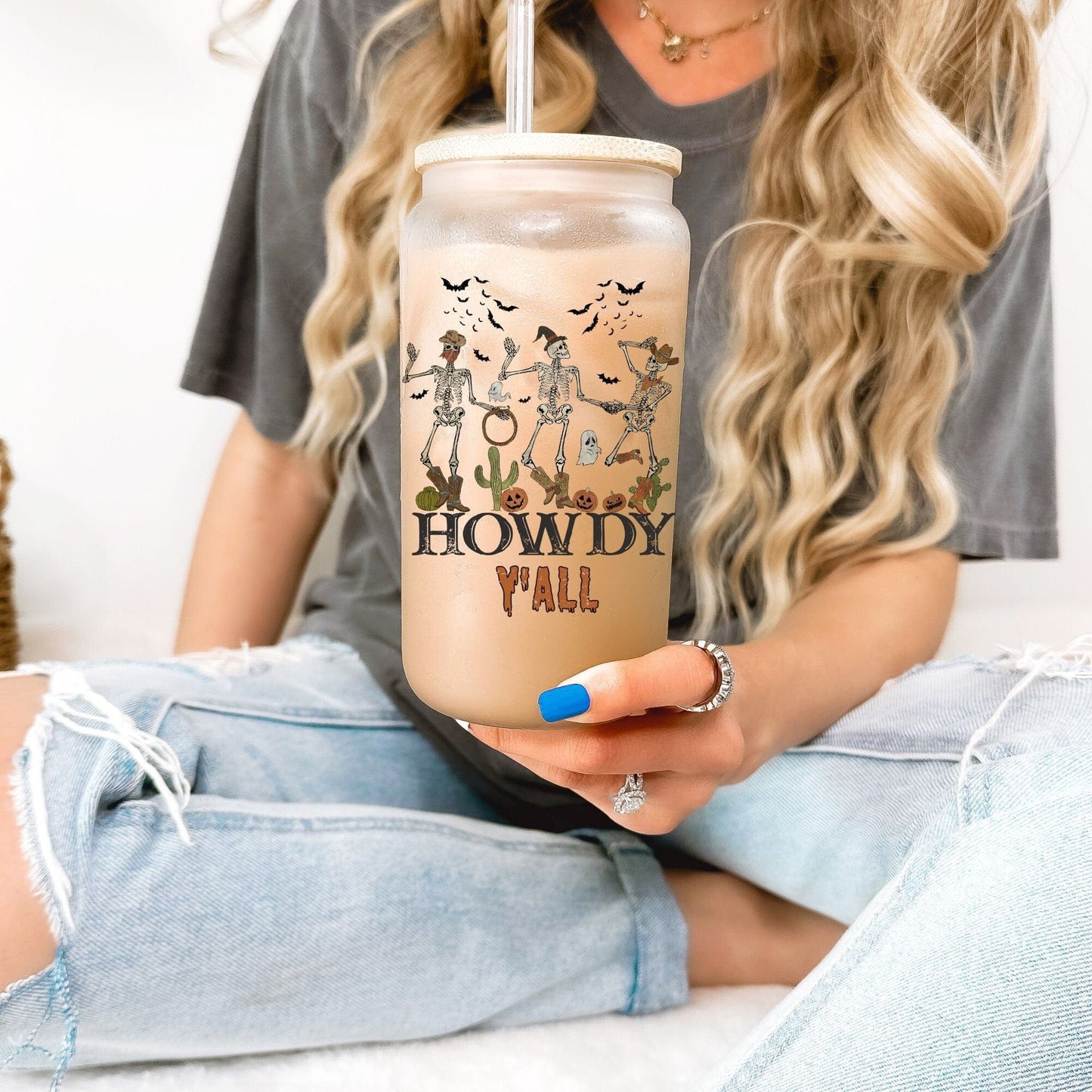 Howdy Y'all Cowboy Skeleton Frosted Iced Coffee Cup Funny Halloween Tumbler with Straw Dancing Skeletons 16oz beer Glass Can Tumbler Gift