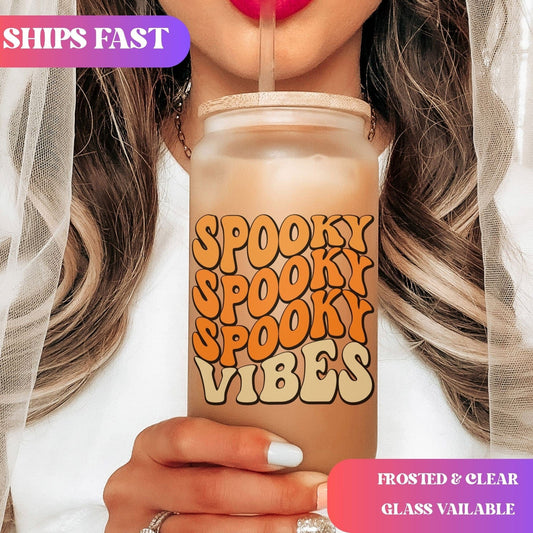 Spooky Vibes Halloween Frosted Iced Coffee Cup Cute Retro Halloween Tumbler with Straw Fall Vibes 16oz beer Glass Can Tumbler Gift for women