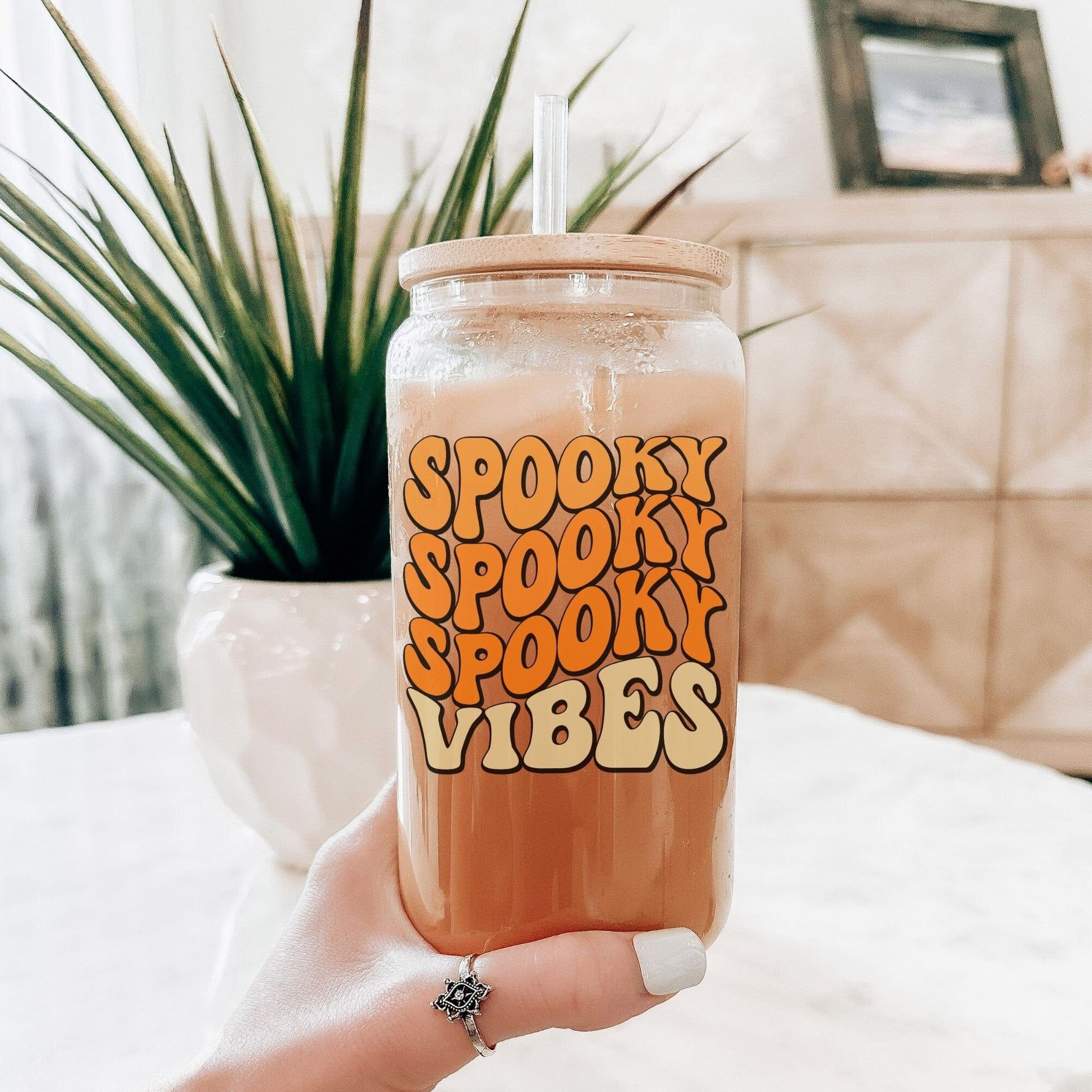 Spooky Vibes Halloween Iced Coffee Cup Cute Retro Halloween Frosted Tumbler with Straw Fall Vibes 16oz beer Glass Can Tumbler Gift for women