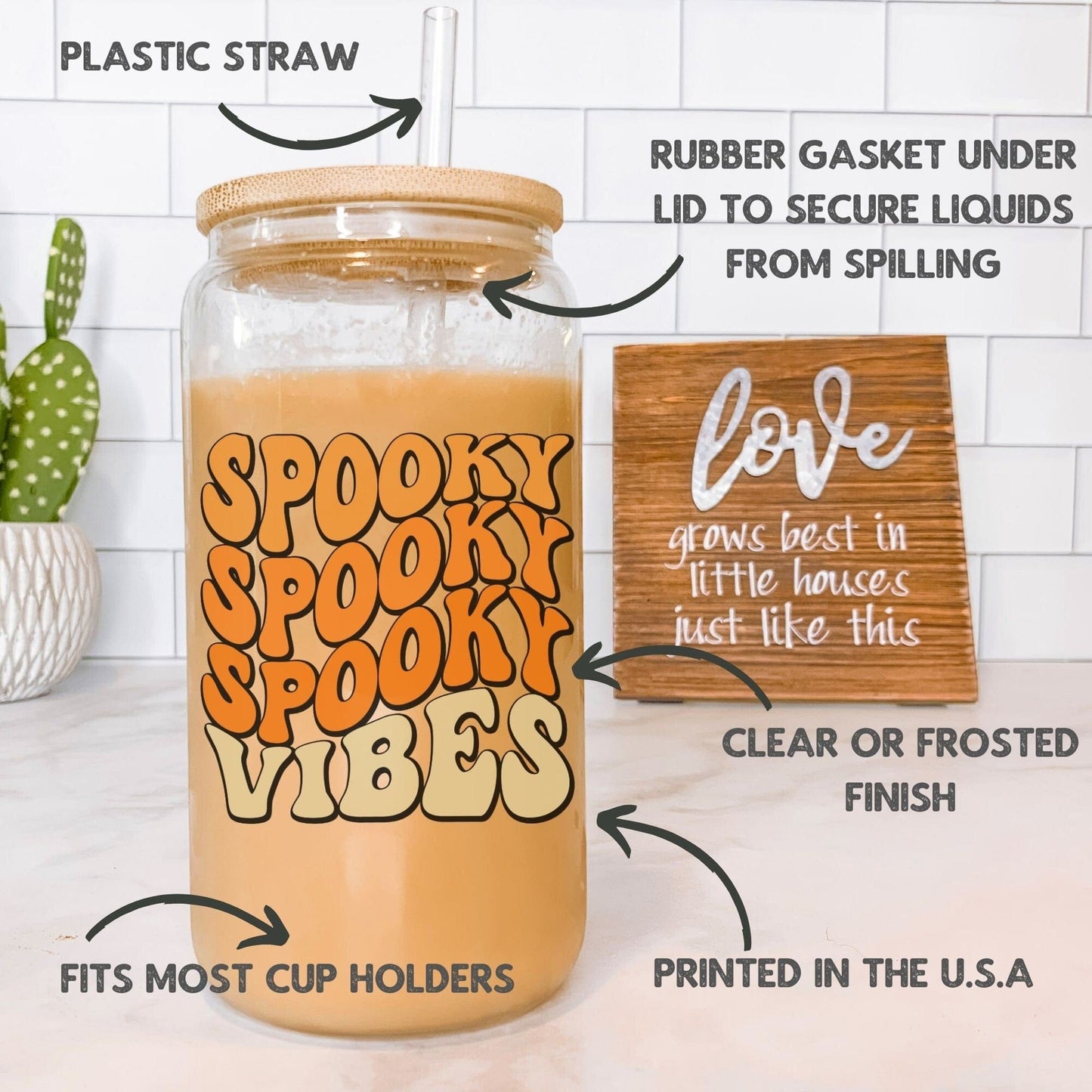 Spooky Vibes Halloween Iced Coffee Cup Cute Retro Halloween Frosted Tumbler with Straw Fall Vibes 16oz beer Glass Can Tumbler Gift for women