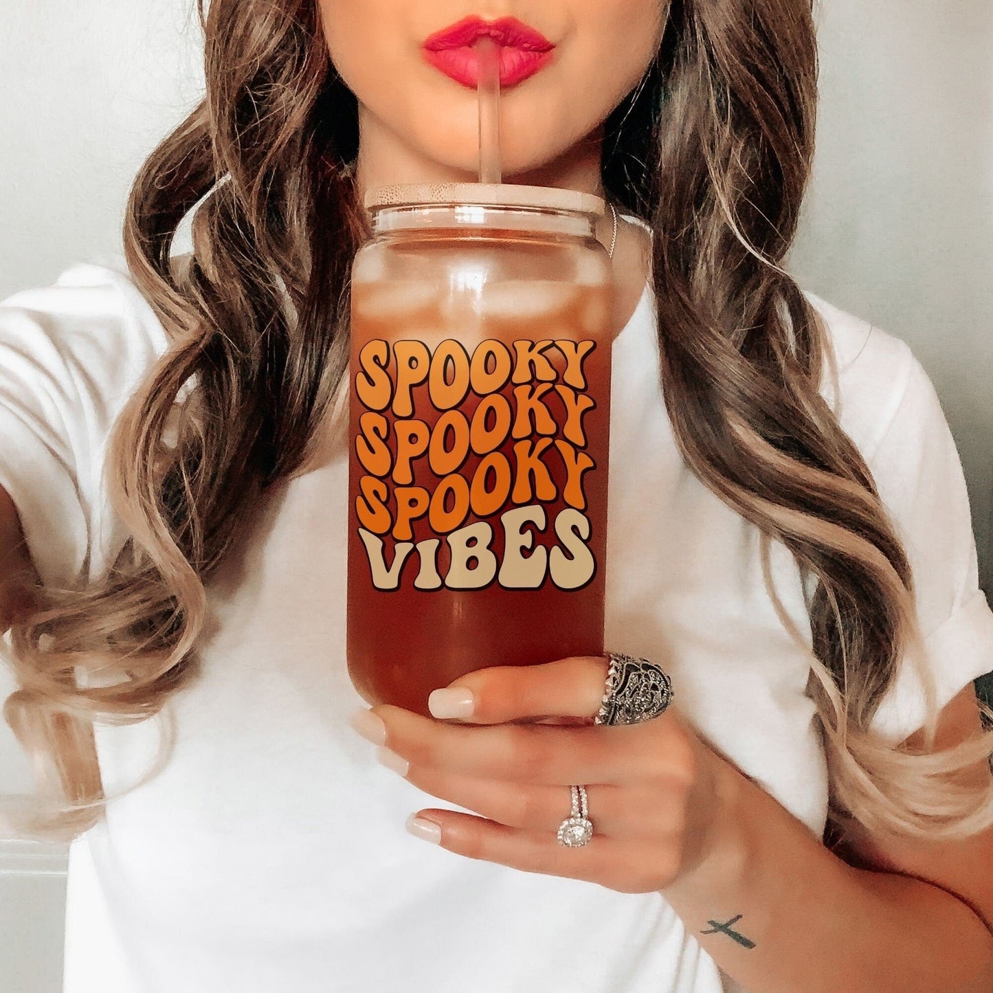 Spooky Vibes Halloween Iced Coffee Cup Cute Retro Halloween Frosted Tumbler with Straw Fall Vibes 16oz beer Glass Can Tumbler Gift for women