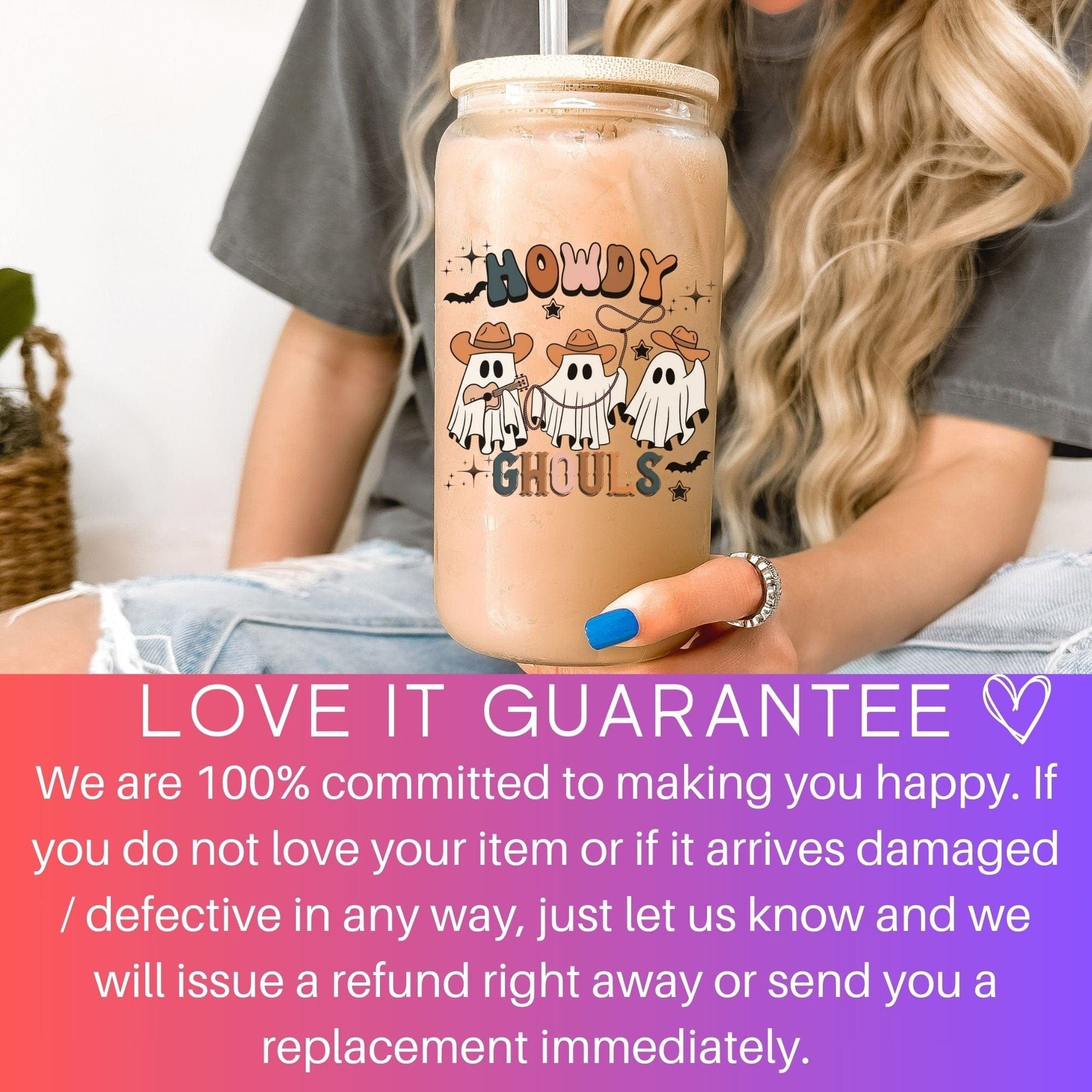 Howdy Ghouls Frosted Iced Coffee Cup Funny Cowboy Ghost Halloween Tumbler with Straw Western Halloween 16oz beer Glass Can Tumbler Gift