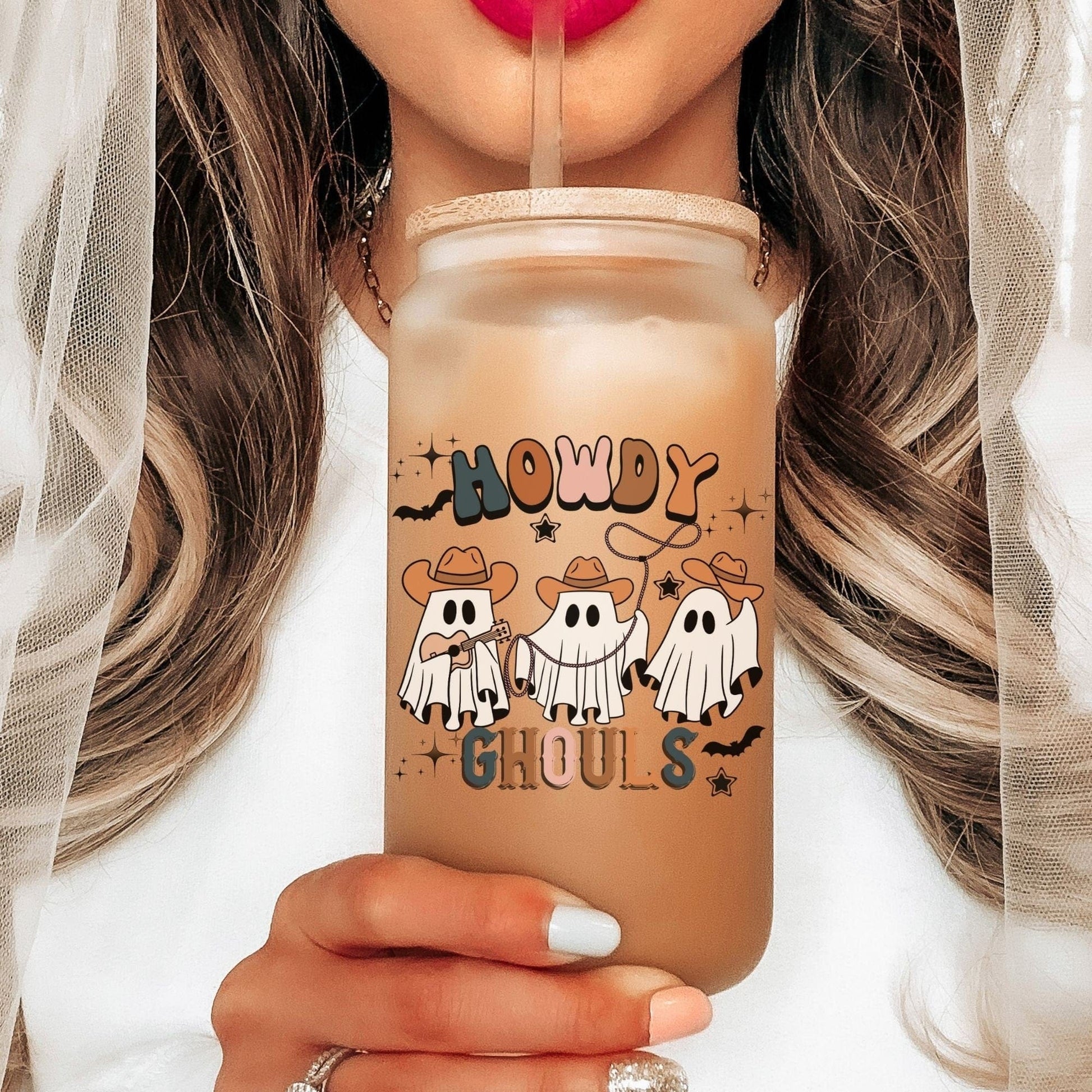 Howdy Ghouls Frosted Iced Coffee Cup Funny Cowboy Ghost Halloween Tumbler with Straw Western Halloween 16oz beer Glass Can Tumbler Gift