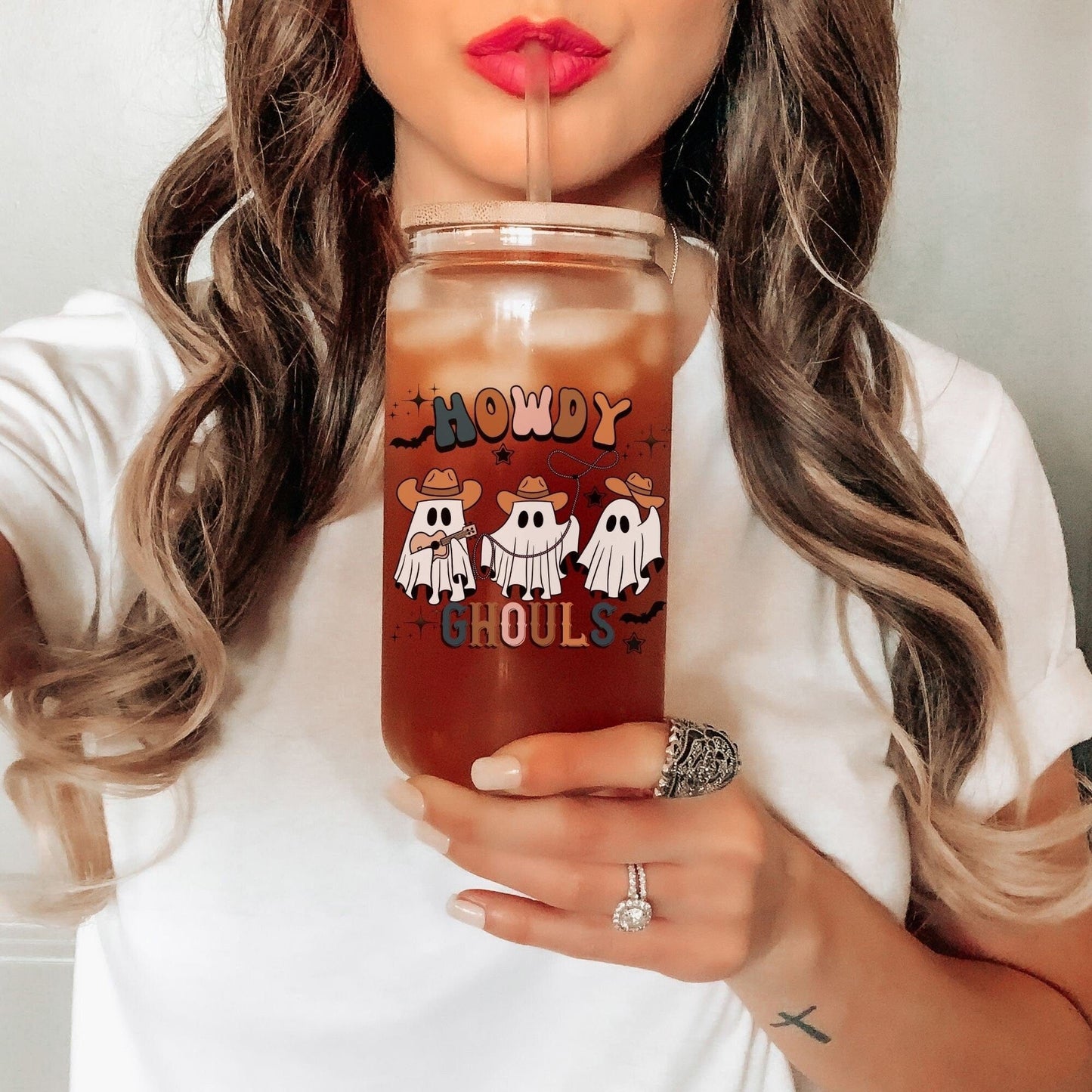 Howdy Ghouls Frosted Iced Coffee Cup Funny Cowboy Ghost Halloween Tumbler with Straw Western Halloween 16oz beer Glass Can Tumbler Gift