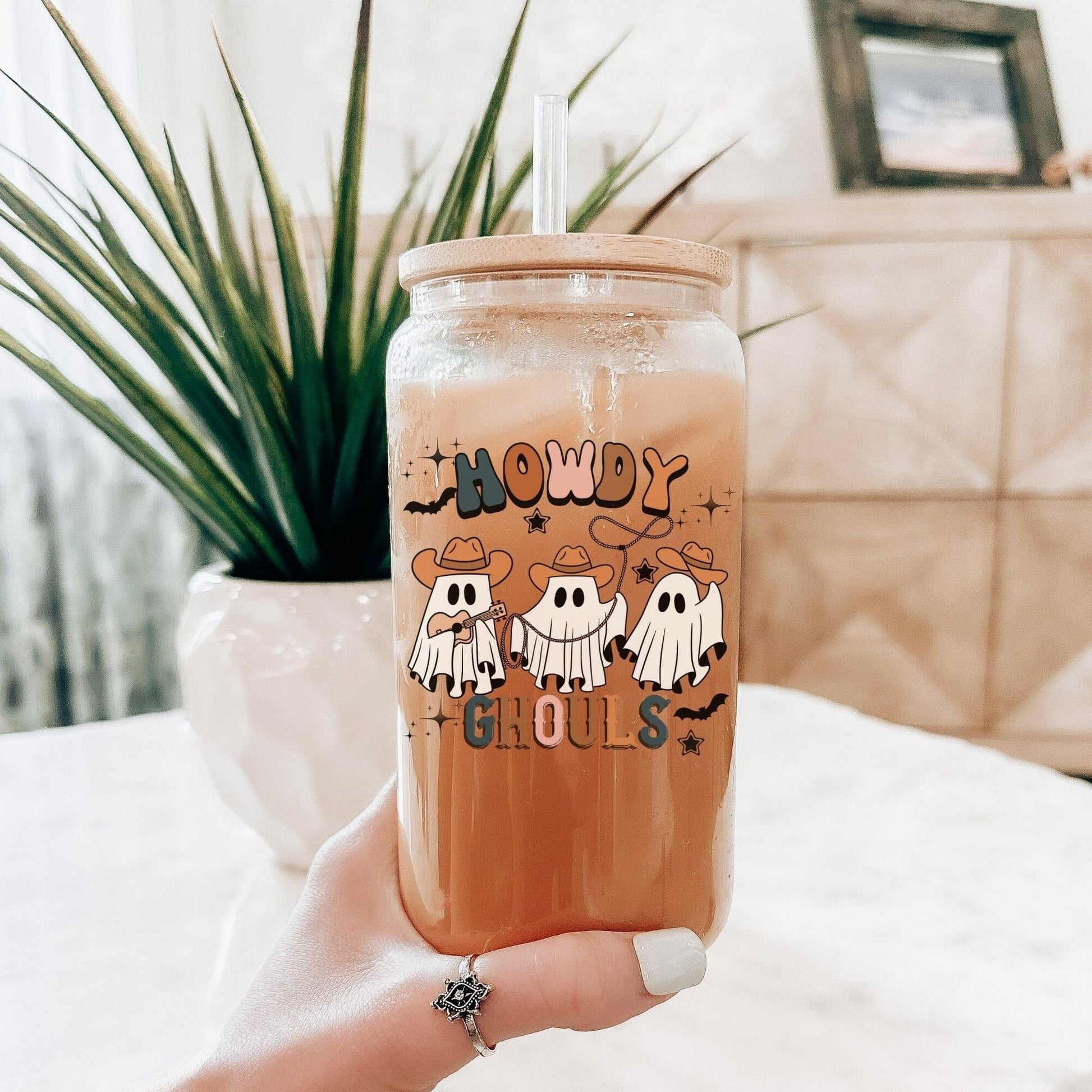 Howdy Ghouls Frosted Iced Coffee Cup Funny Cowboy Ghost Halloween Tumbler with Straw Western Halloween 16oz beer Glass Can Tumbler Gift