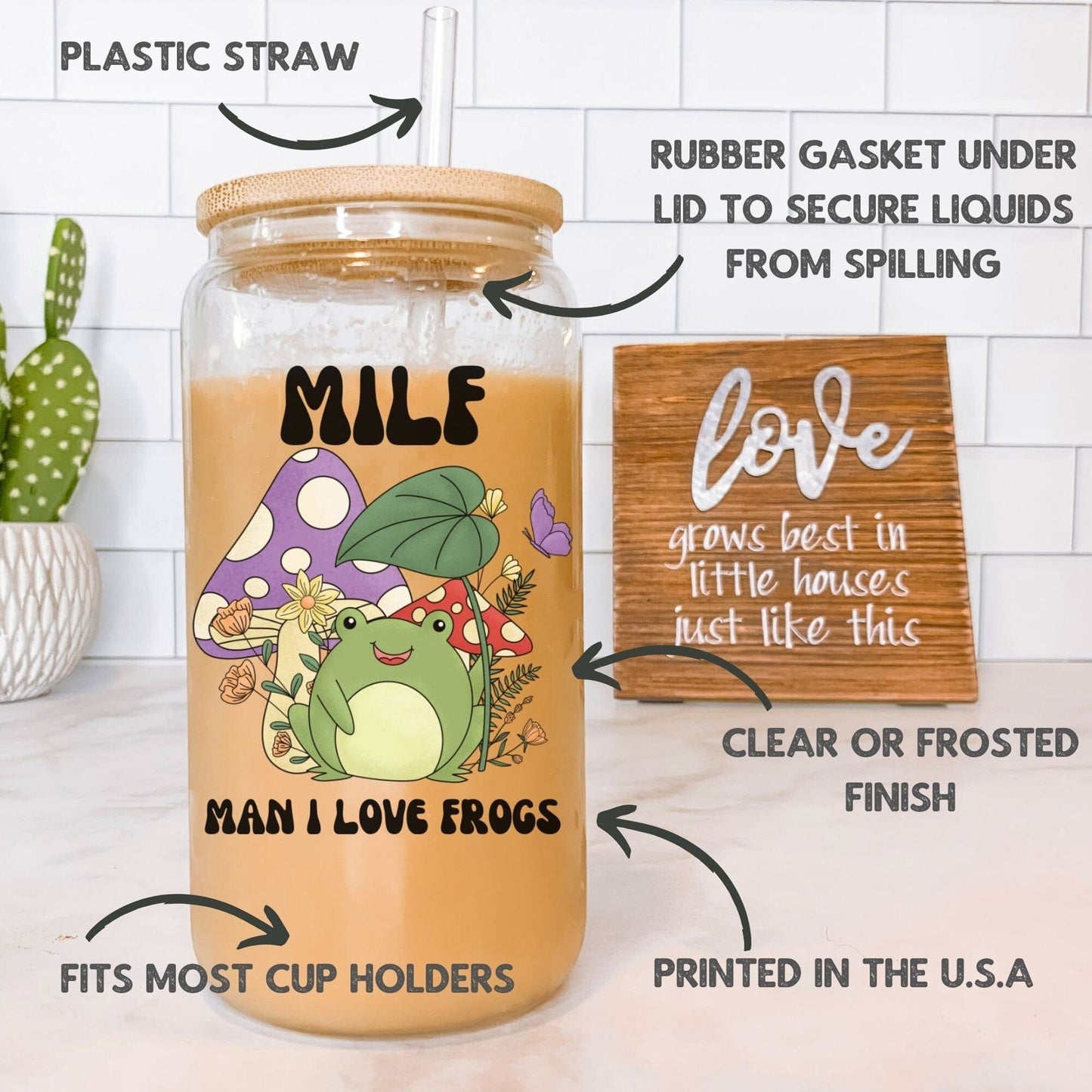 MILF Retro Frog Frosted Iced Coffee Cup Funny Toad Frog Lover Gift Tumbler with Straw Cottagecore Froggy Glass Can Tumbler Froggy Glass Cup