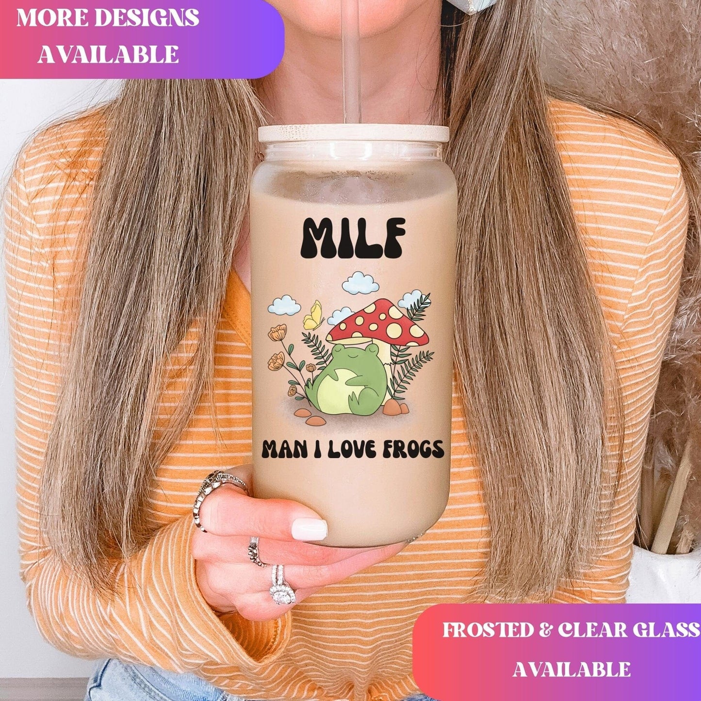 MILF Retro Frog Frosted Iced Coffee Cup Funny Toad Frog Lover Gift Tumbler with Straw Cottagecore Froggy Glass Can Tumbler Froggy Glass Cup