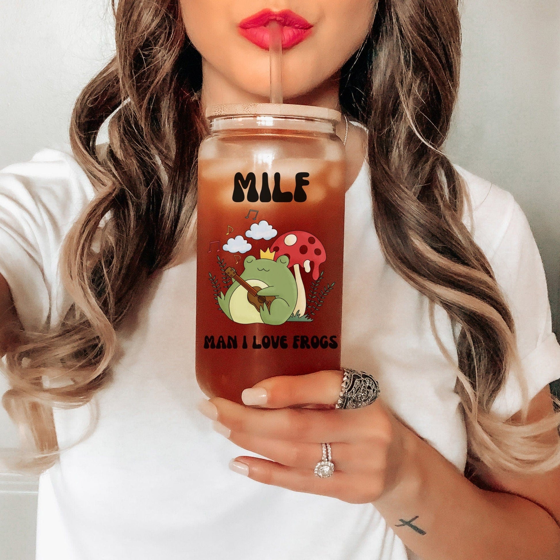 MILF Retro Frog Frosted Iced Coffee Cup Funny Toad Frog Lover Gift Tumbler with Straw Cottagecore Froggy Glass Can Tumbler Froggy Glass Cup