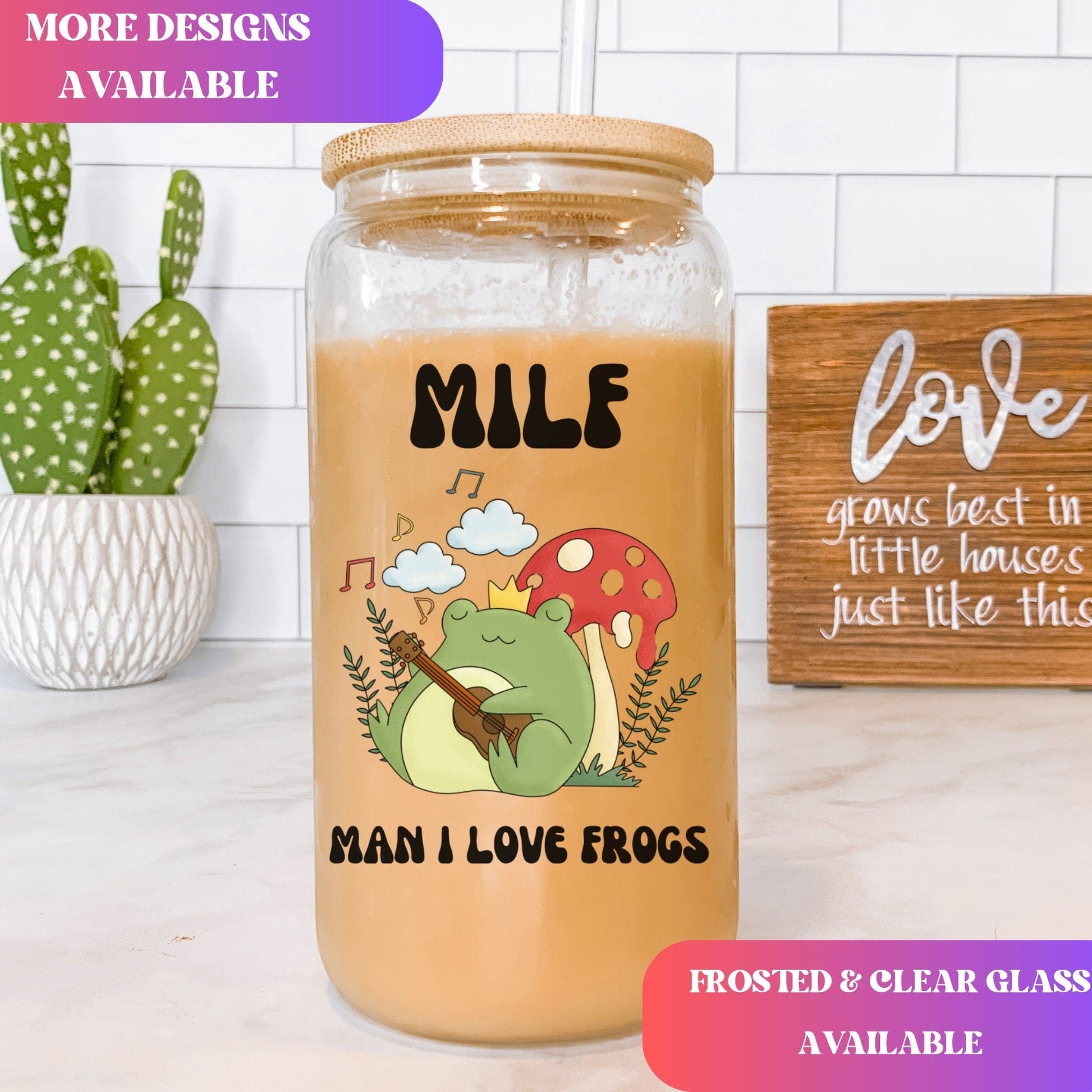 MILF Retro Frog Frosted Iced Coffee Cup Funny Toad Frog Lover Gift Tumbler with Straw Cottagecore Froggy Glass Can Tumbler Froggy Glass Cup