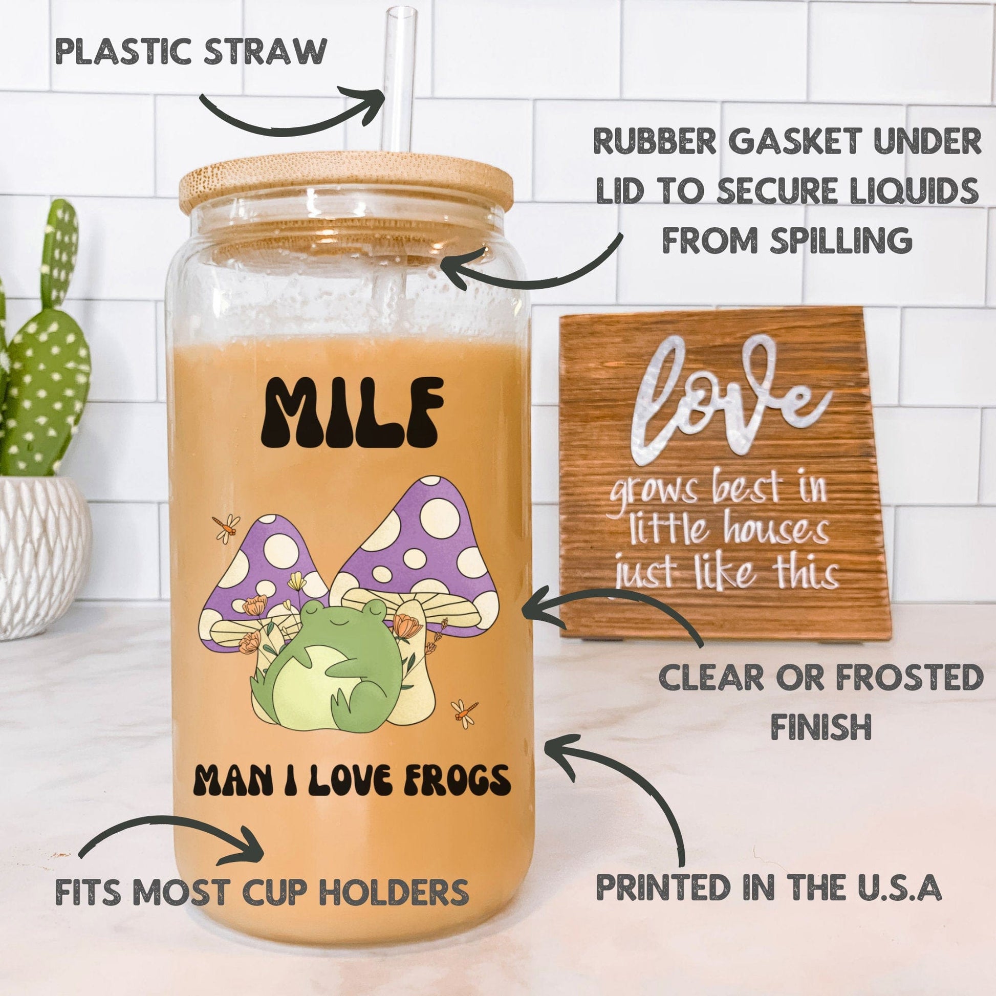 MILF Retro Frog Frosted Iced Coffee Cup Funny Toad Frog Lover Gift Tumbler with Straw Cottagecore Froggy Glass Can Tumbler Froggy Glass Cup