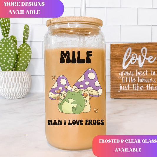 MILF Retro Frog Frosted Iced Coffee Cup Funny Toad Frog Lover Gift Tumbler with Straw Cottagecore Froggy Glass Can Tumbler Froggy Glass Cup