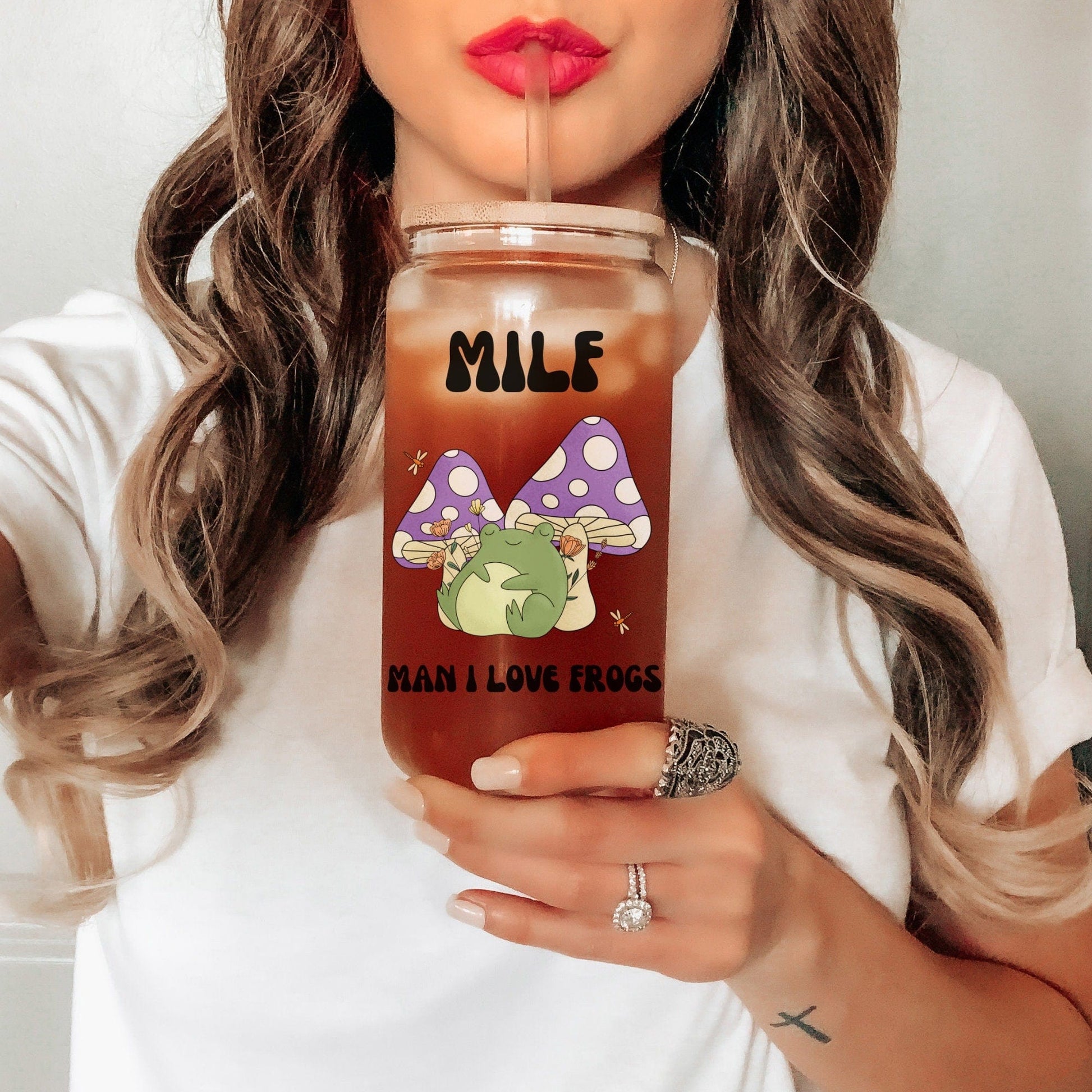 MILF Retro Frog Frosted Iced Coffee Cup Funny Toad Frog Lover Gift Tumbler with Straw Cottagecore Froggy Glass Can Tumbler Froggy Glass Cup