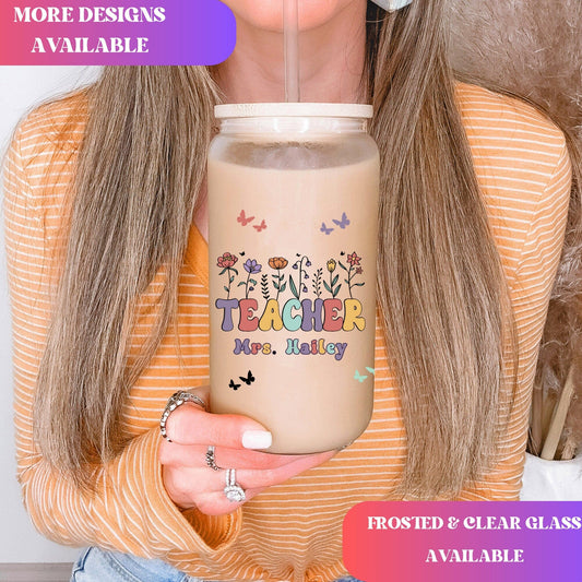 Teacher Custom Frosted Iced Coffee Cup Personalized Teacher Gift Tumbler with Straw Elementary Teacher Glass Can Tumbler New Teacher Cup