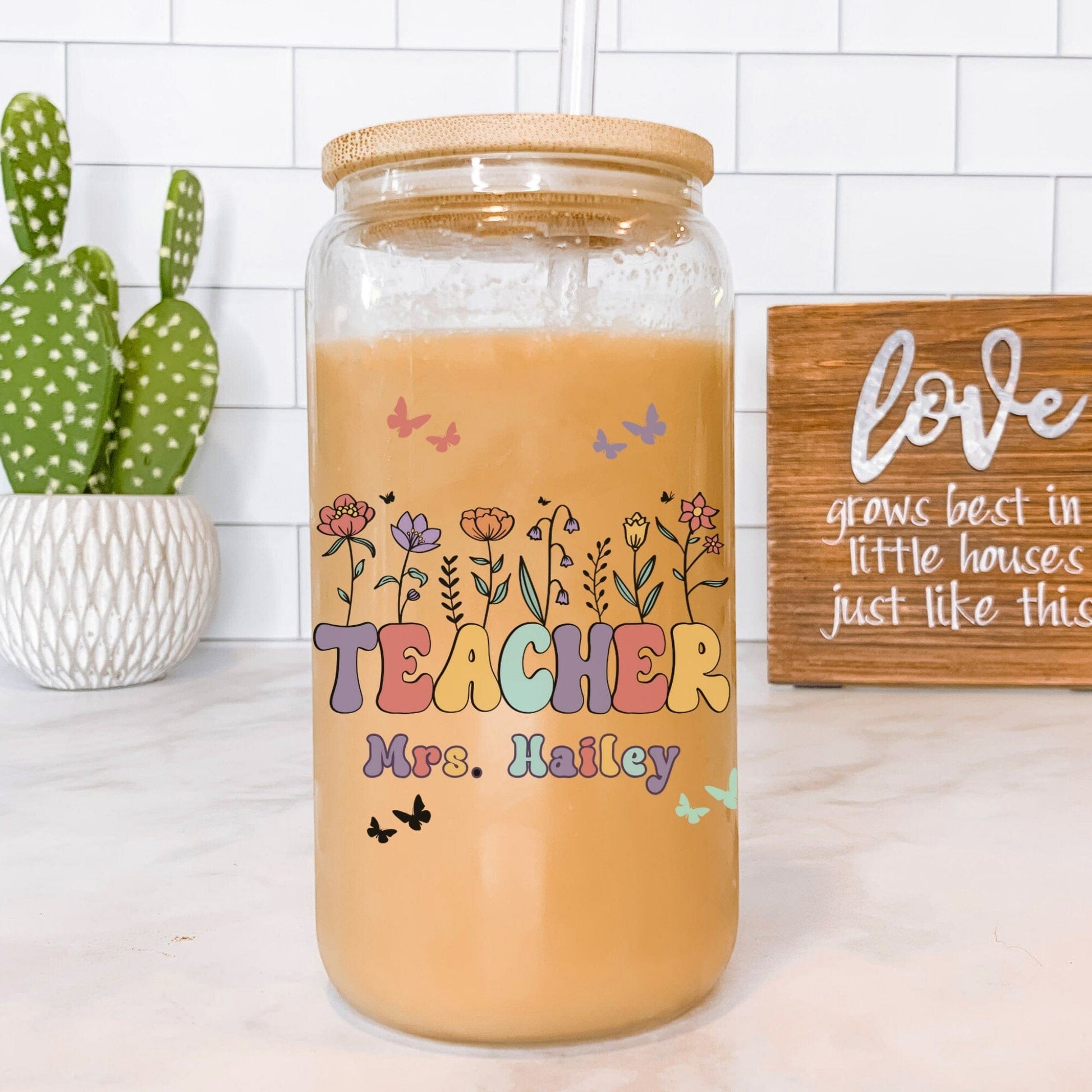 Teacher Custom Frosted Iced Coffee Cup Personalized Teacher Gift Tumbler with Straw Elementary Teacher Glass Can Tumbler New Teacher Cup