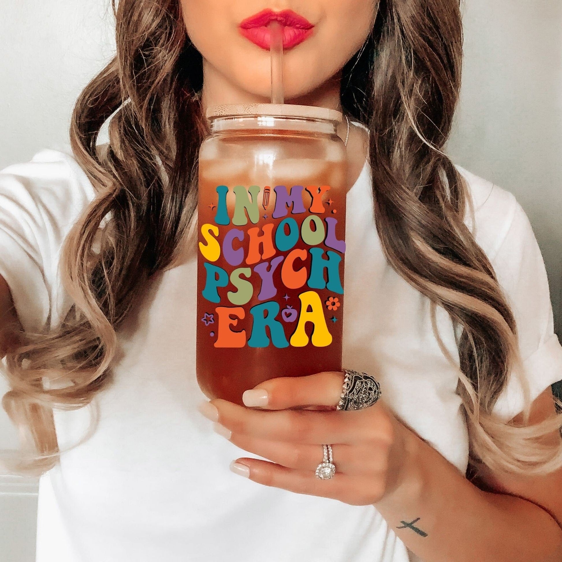 School Psychologist Glass Frosted Coffee Cup In my School Psych Era Cup with Lid Retro Therapist Tumbler Gift Social Worker School Counselor