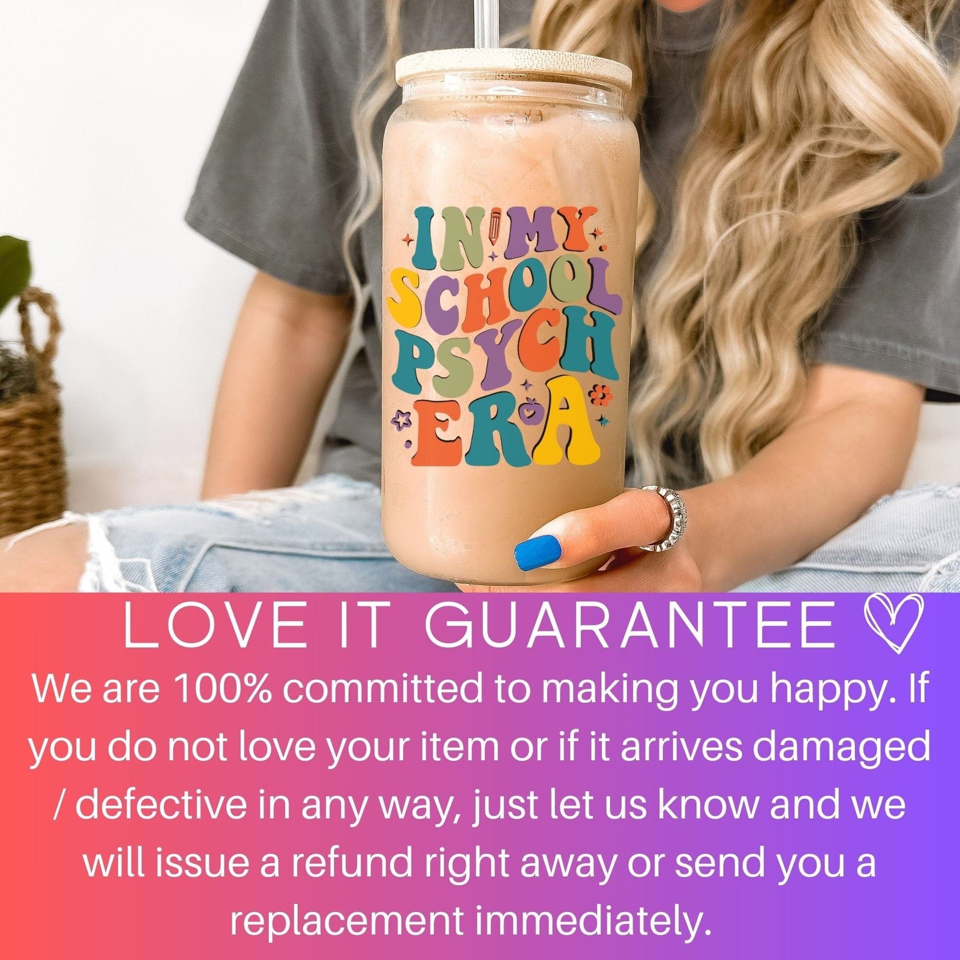 School Psychologist Glass Frosted Coffee Cup In my School Psych Era Cup with Lid Retro Therapist Tumbler Gift Social Worker School Counselor