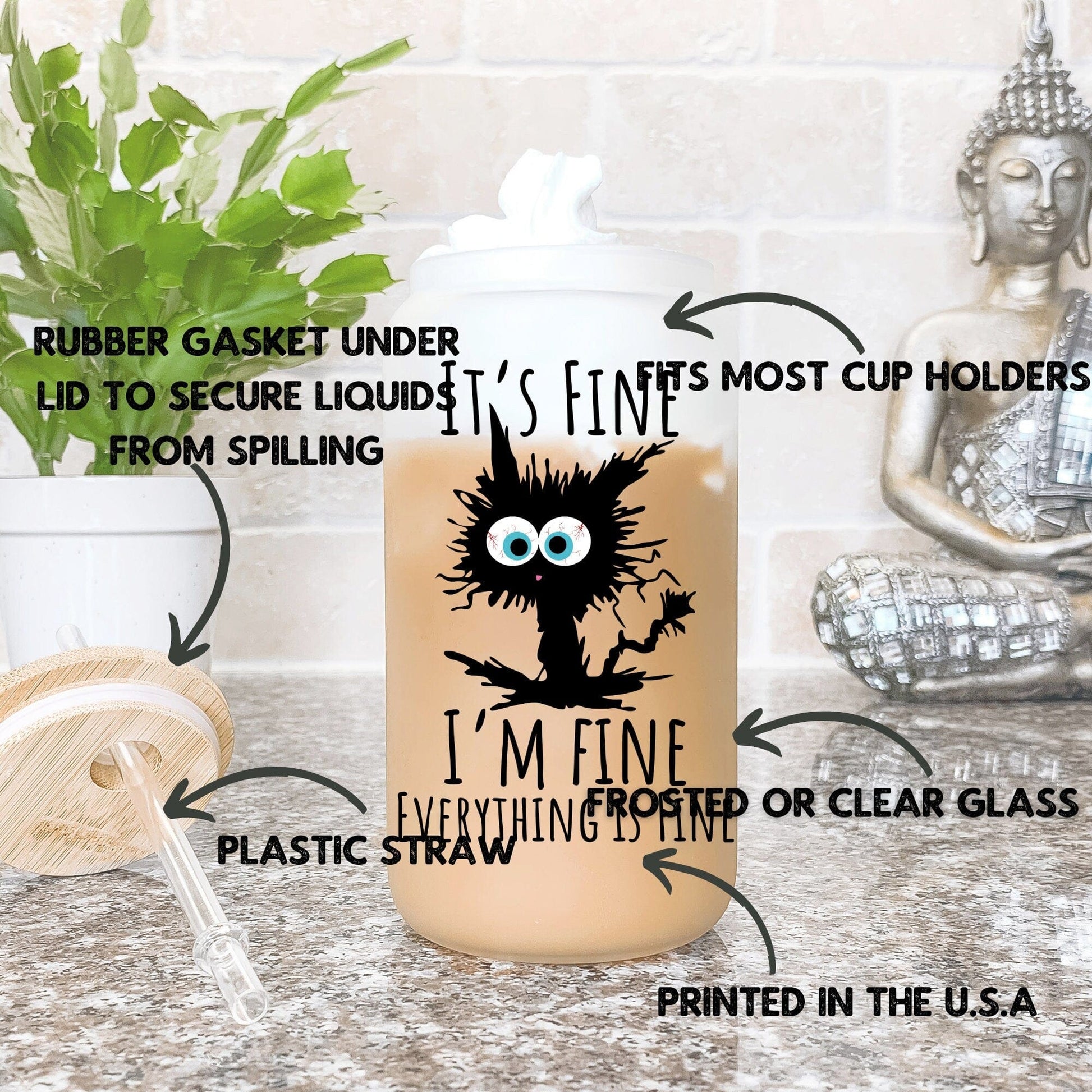 It's Fine I'm fine everything is fine Glass Frosted Coffee Cup Funny Cat Cup with Lid Retro Sarcasm Tumbler Coworker Secret Santa Gift