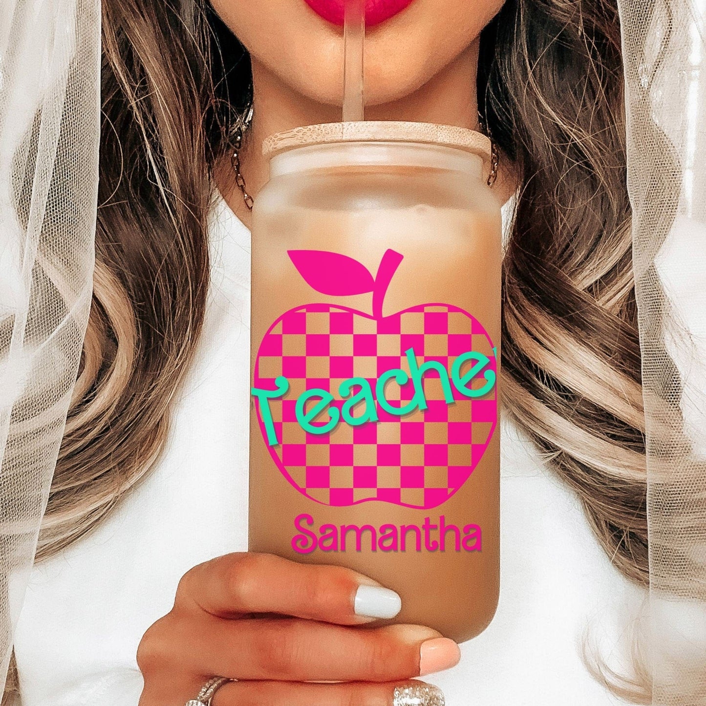 Teacher Iced Coffee Cup Retro Hot pink Personalized Teacher Frosted Tumbler with Straw Elementary teacher custom glass cup Teacher tumbler