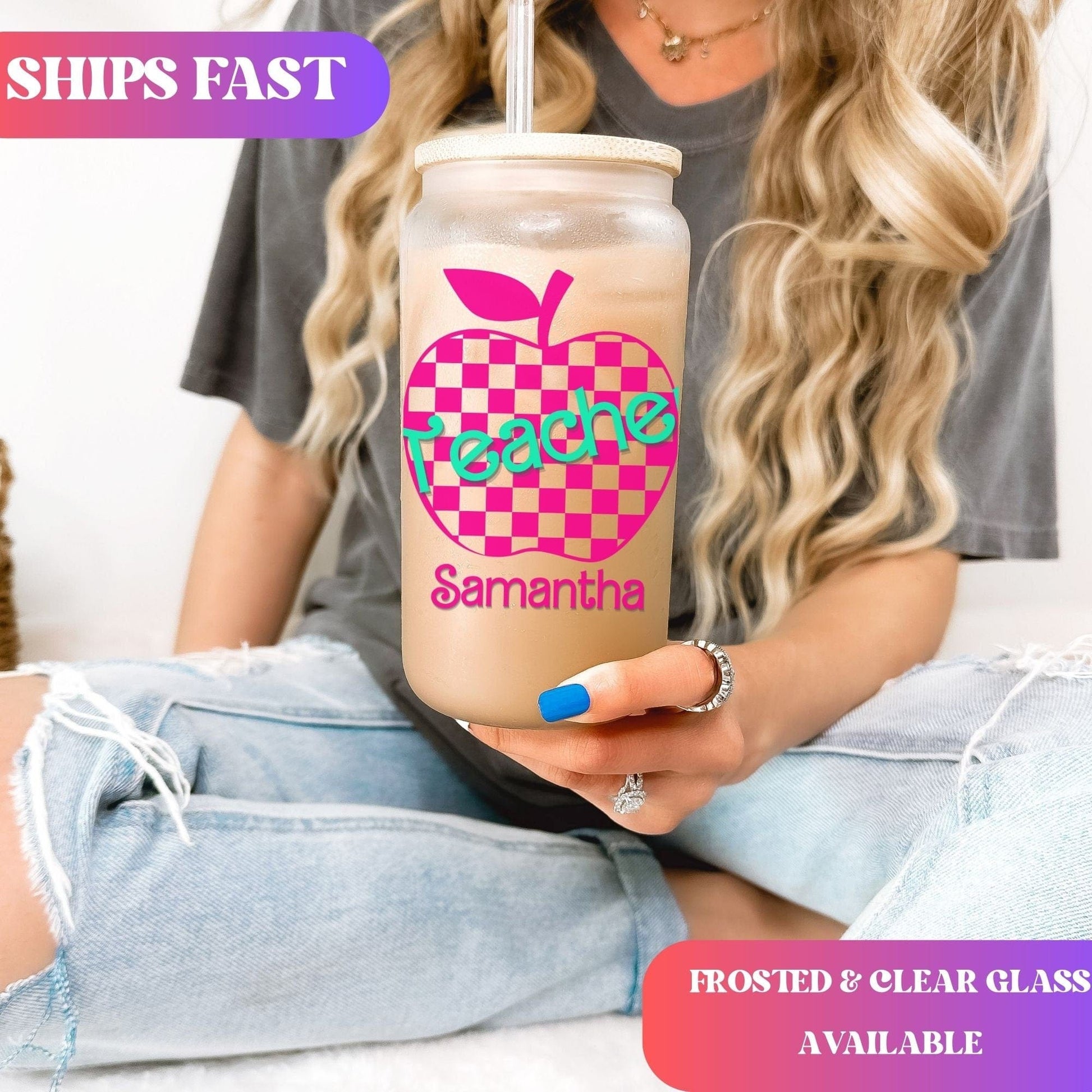 Teacher Iced Coffee Cup Retro Hot pink Personalized Teacher Frosted Tumbler with Straw Elementary teacher custom glass cup Teacher tumbler
