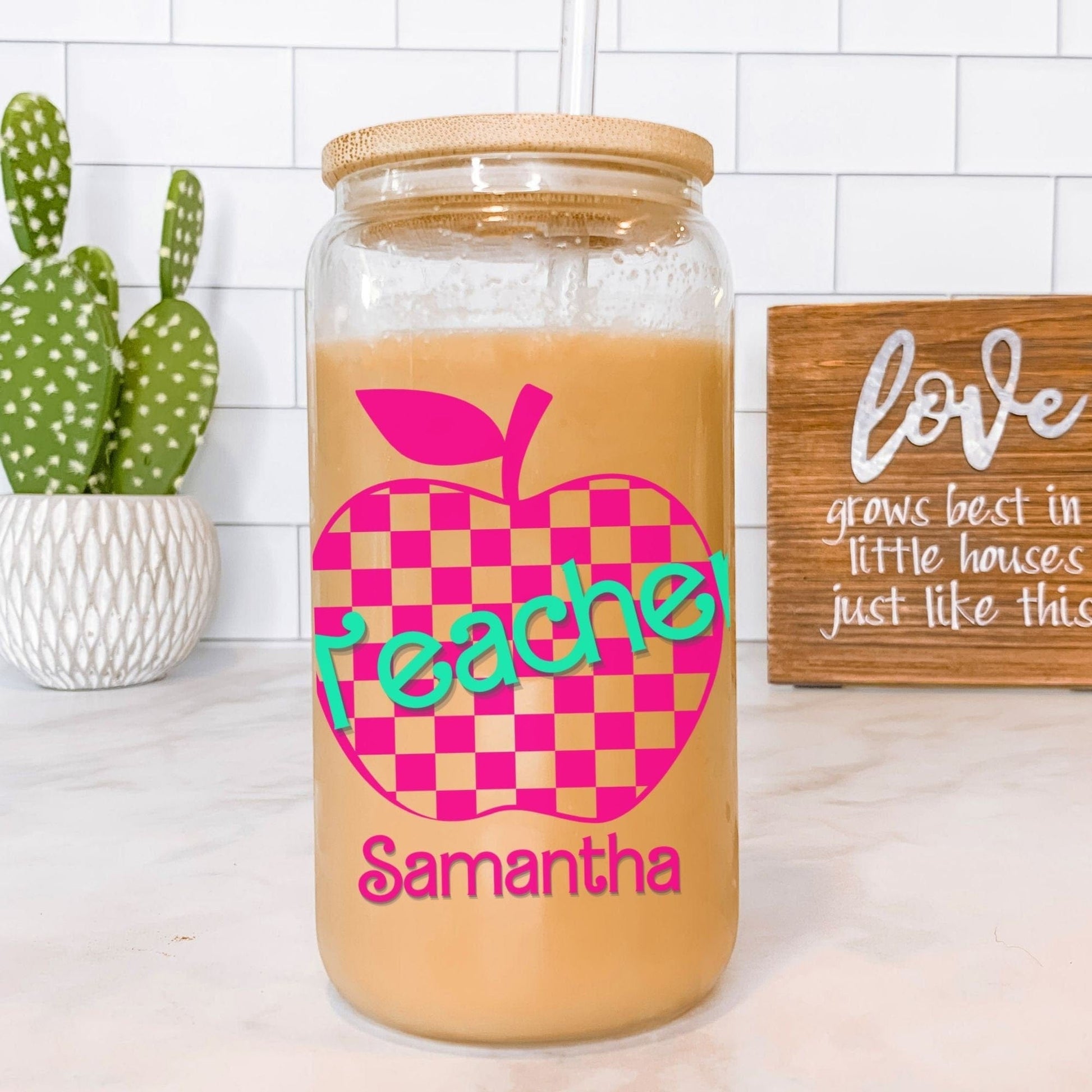 Teacher Iced Coffee Cup Retro Hot pink Personalized Teacher Frosted Tumbler with Straw Elementary teacher custom glass cup Teacher tumbler