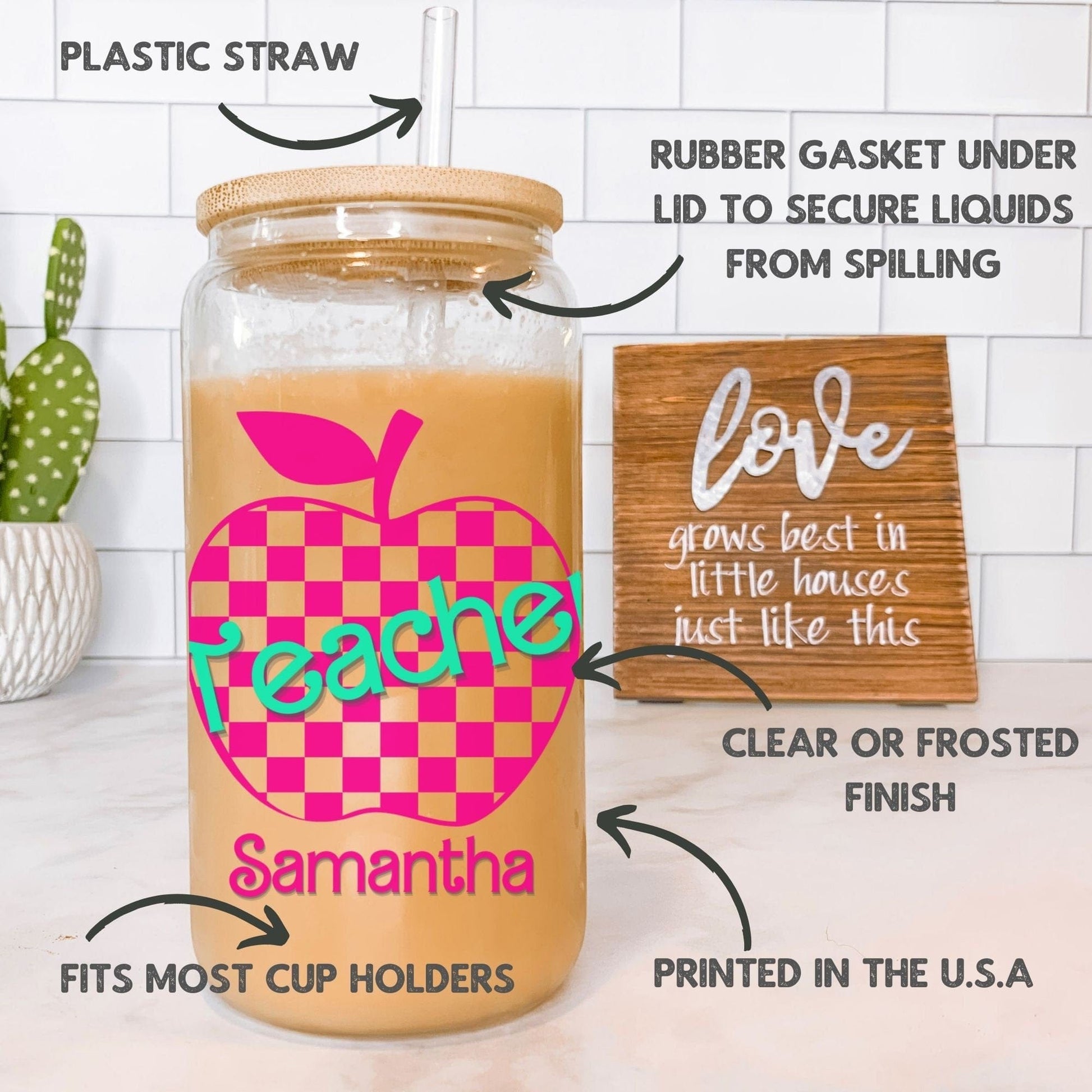 Teacher Iced Coffee Cup Retro Hot pink Personalized Teacher Frosted Tumbler with Straw Elementary teacher custom glass cup Teacher tumbler