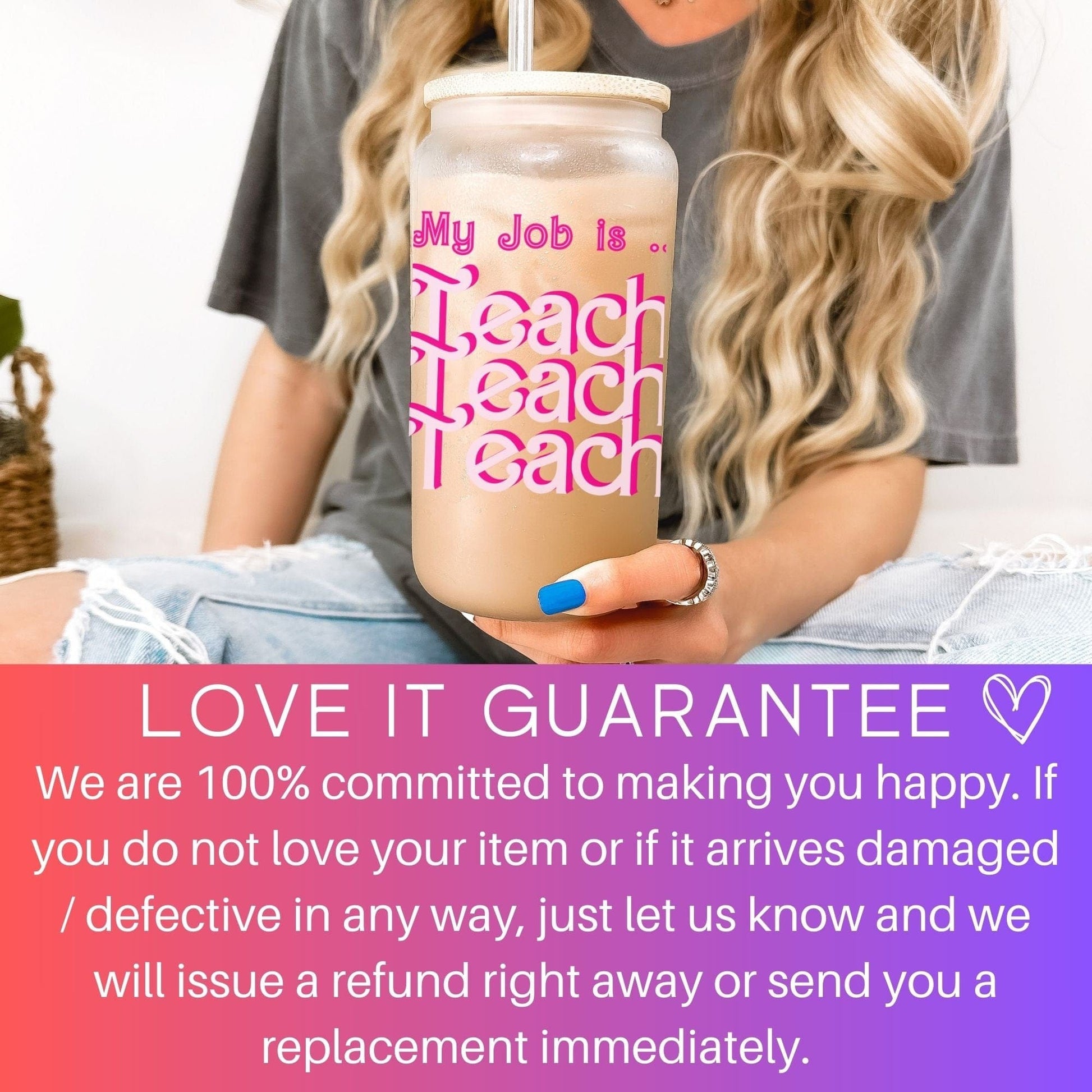 My Job is Teach Iced Coffee Cup Retro Hot pink Teacher Frosted Tumbler with Straw Funny Teach glass cup Teacher tumbler gifts for teacher