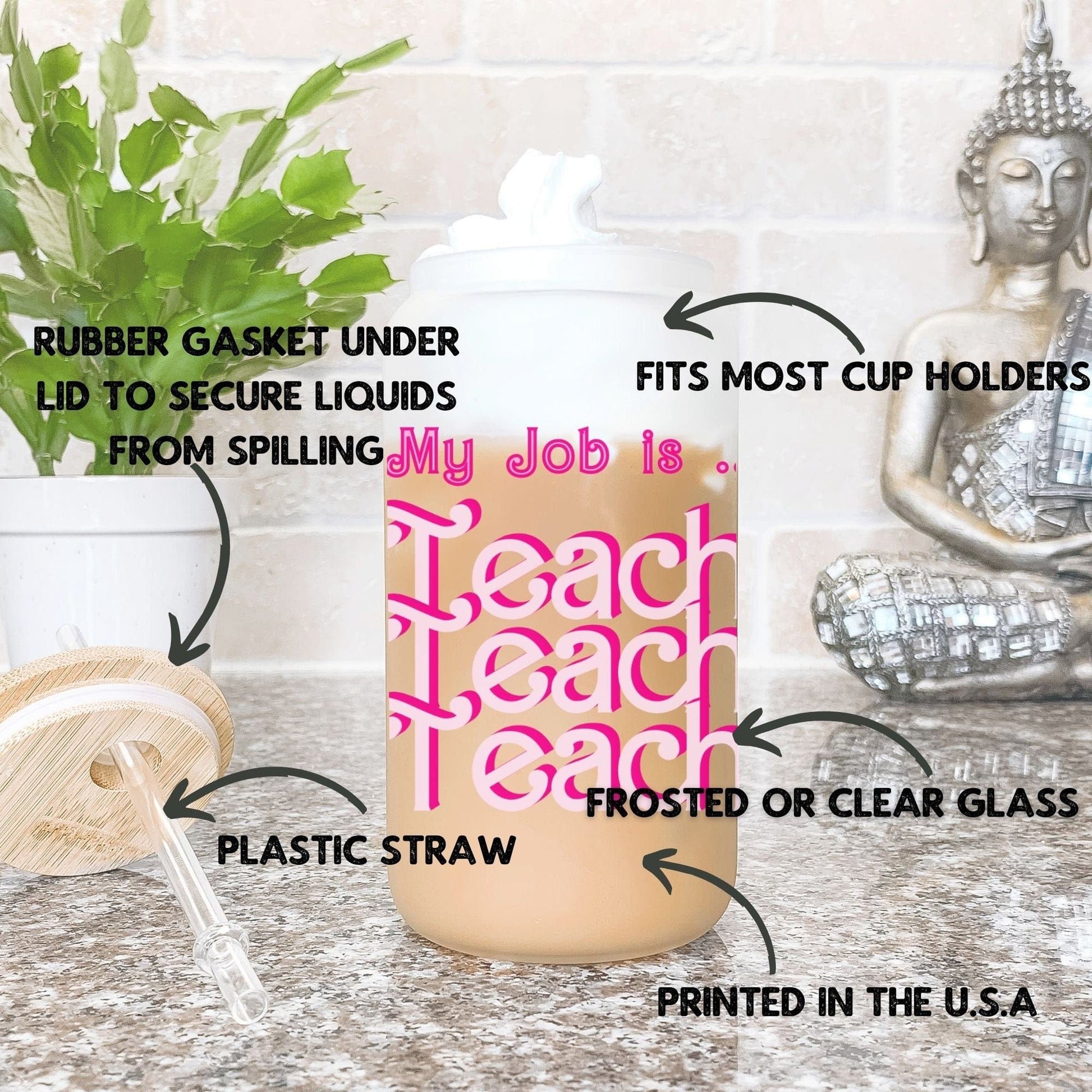 My Job is Teach Iced Coffee Cup Retro Hot pink Teacher Frosted Tumbler with Straw Funny Teach glass cup Teacher tumbler gifts for teacher