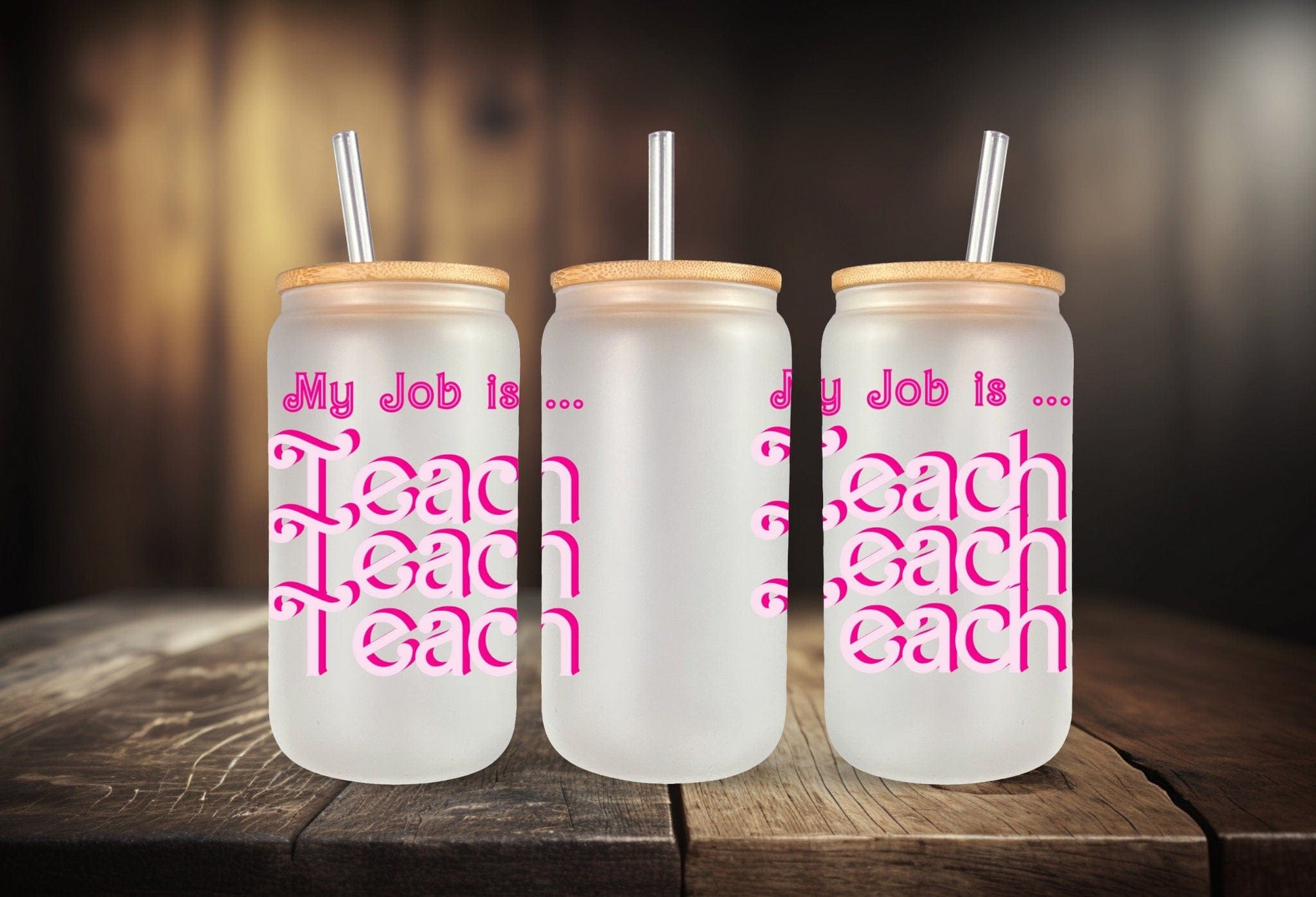 My Job is Teach Iced Coffee Cup Retro Hot pink Teacher Frosted Tumbler with Straw Funny Teach glass cup Teacher tumbler gifts for teacher