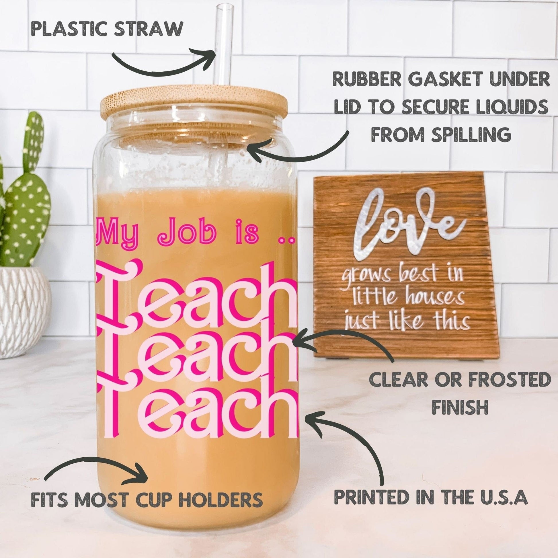 My Job is Teach Iced Coffee Cup Retro Hot pink Teacher Frosted Tumbler with Straw Funny Teach glass cup Teacher tumbler gifts for teacher